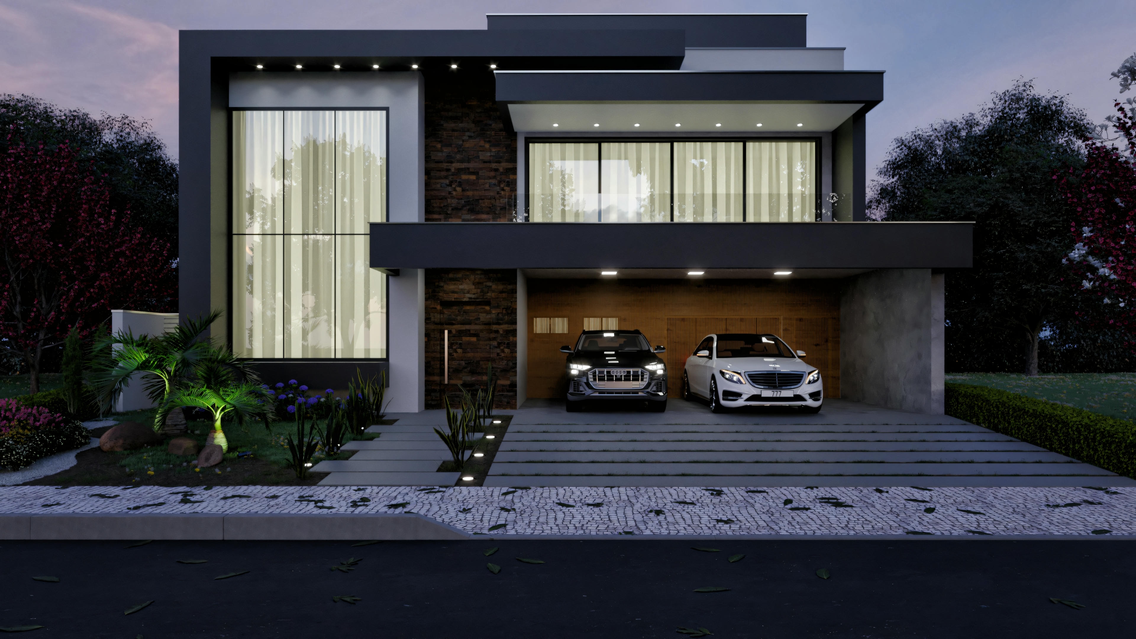 Fachada nocturna de casa de alto estándar con 5 suites y 386m², exhibiendo arquitectura moderna con revestimiento en piedra, amplias ventanas de vidrio iluminadas, balcón superior y garaje cubierto para dos autos.