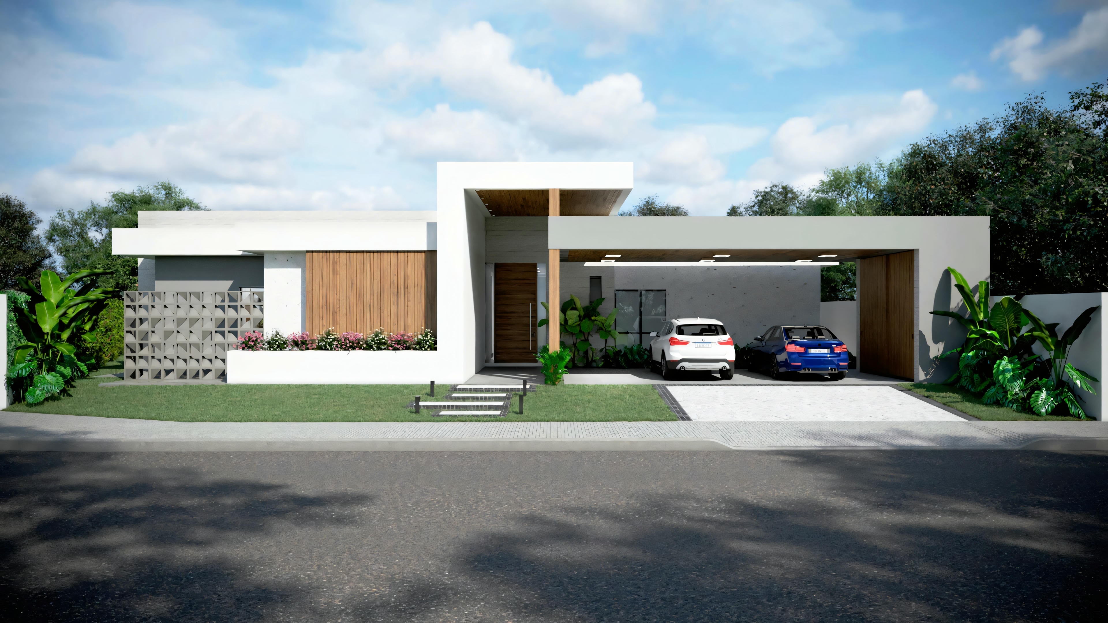 Exterior de una casa contemporánea con techo plano, grandes ventanas y puerta de entrada. También hay un coche estacionado frente a la casa.