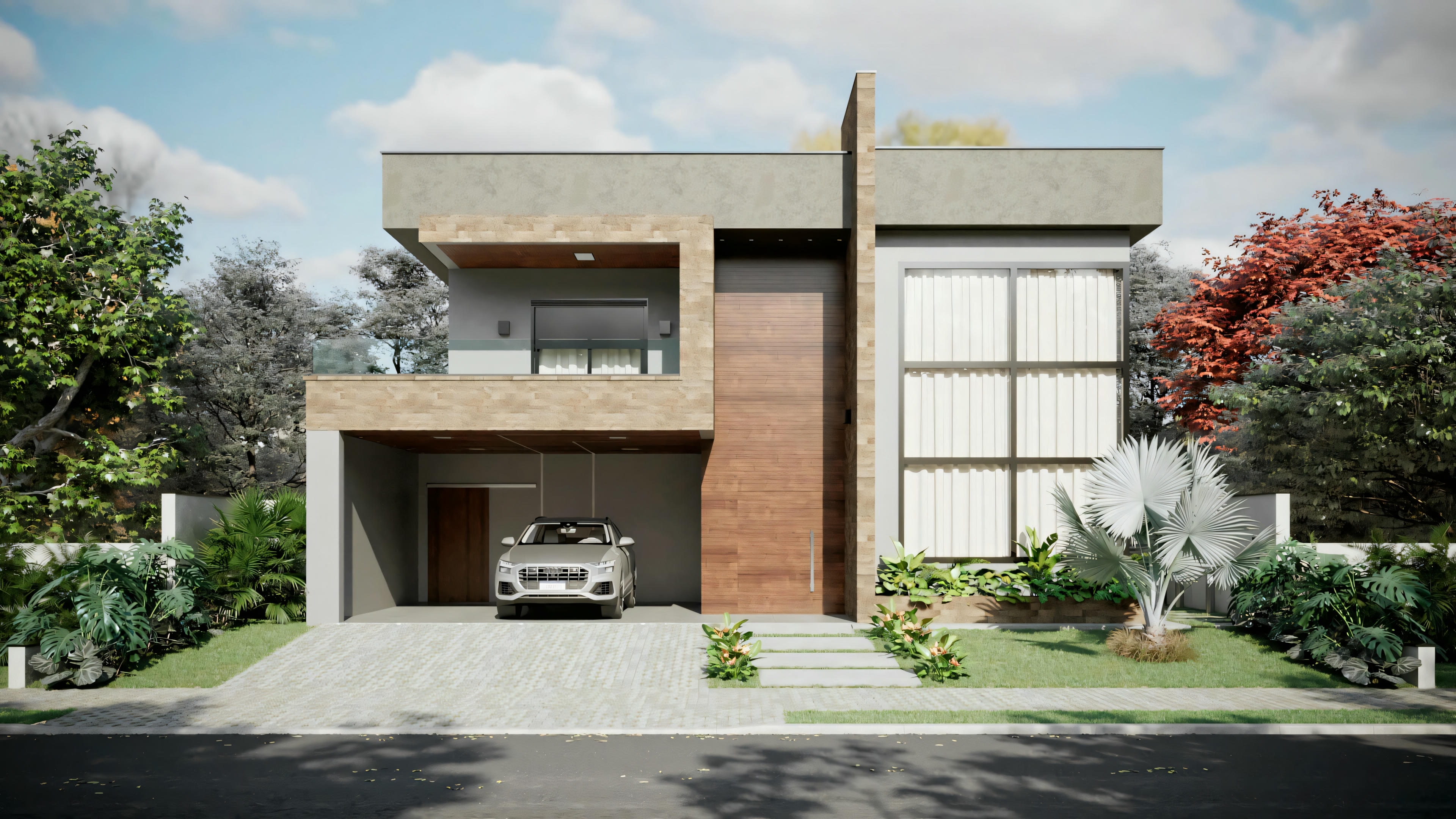 Una casa contemporánea con líneas rectas, grandes ventanales y una combinación de madera y hormigón en la fachada.