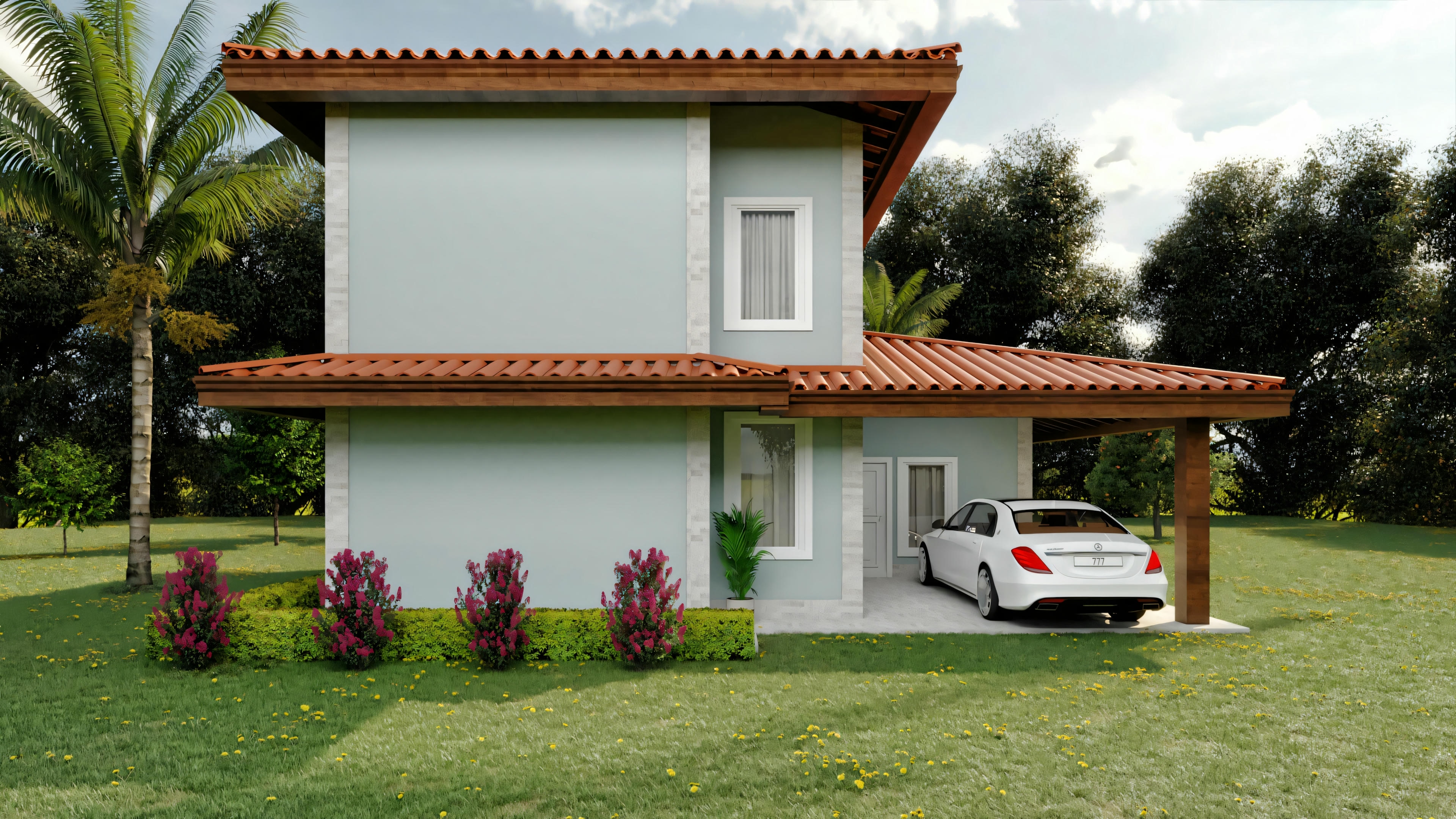 Fachada de una casa de dos pisos con exterior blanco, tejas rojas y rodeada de vegetación.