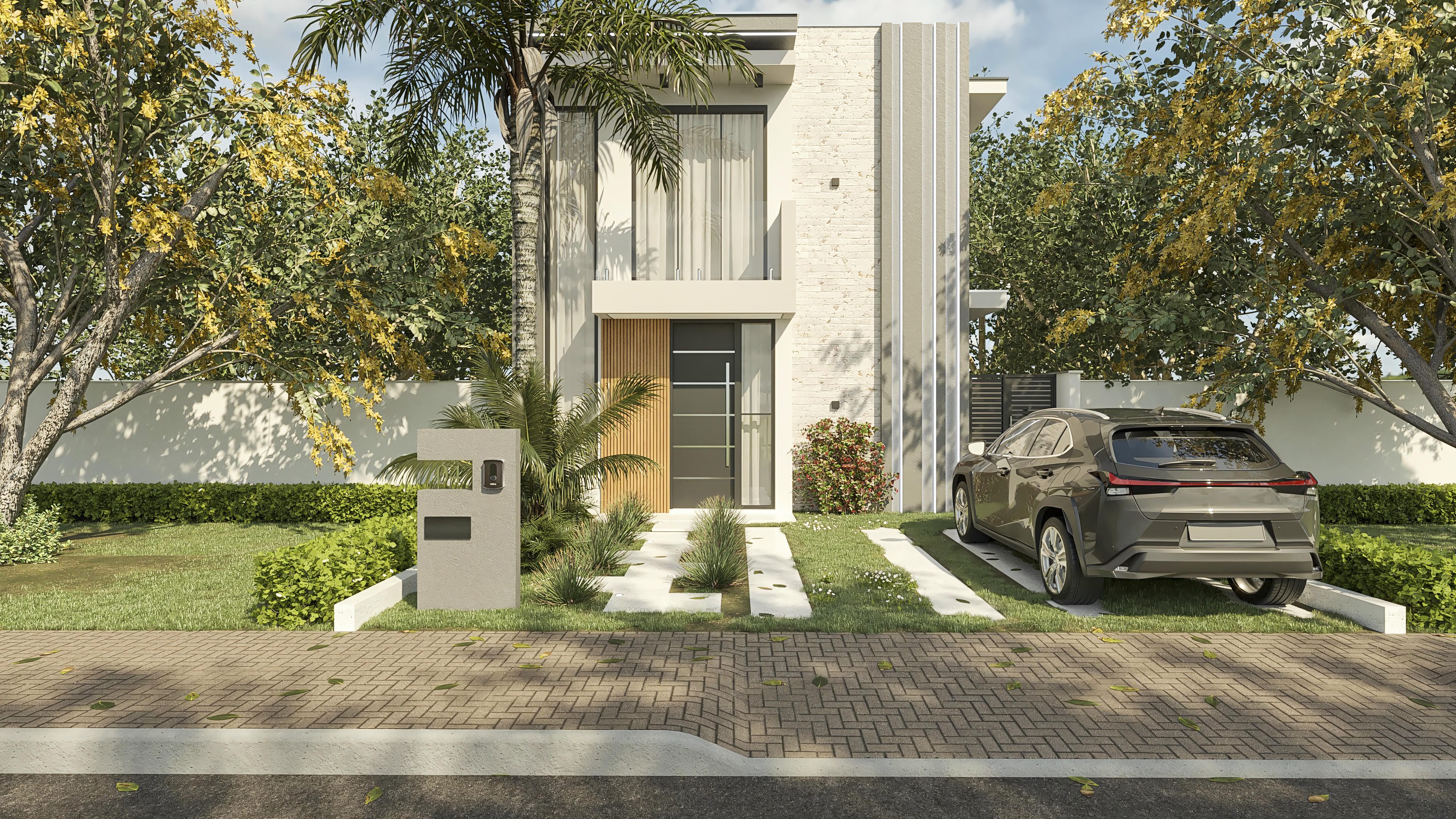 Fachada moderna de casa de dos pisos con 3 dormitorios, 1 suite, 3 baños y 2 plazas de garaje, destacando el área gourmet y la piscina en terreno plano y regular.