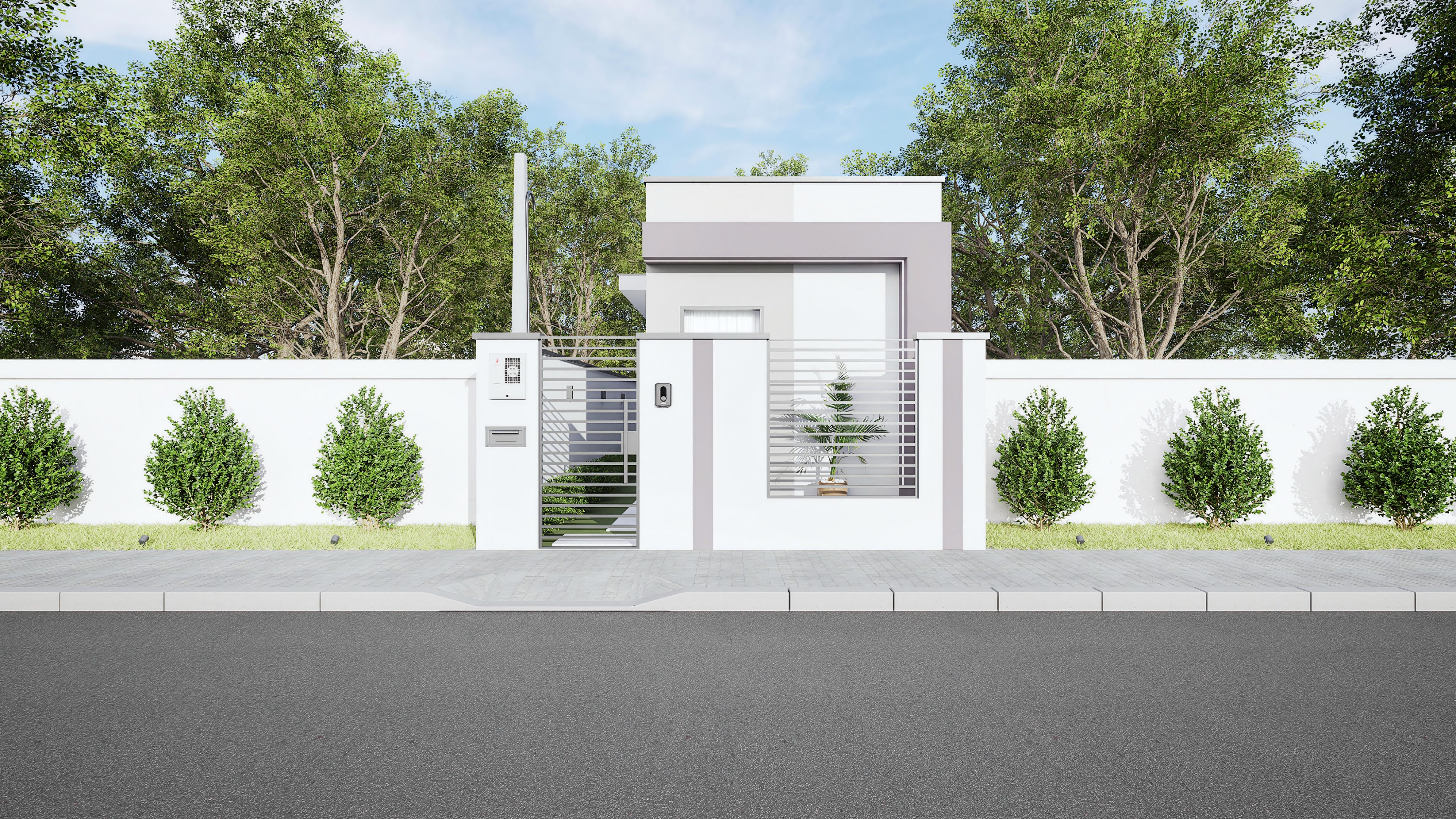 Fachada moderna de casa de una planta compacta, con volúmenes en blanco y gris claro, portón de aluminio calado y paisajismo integrado.