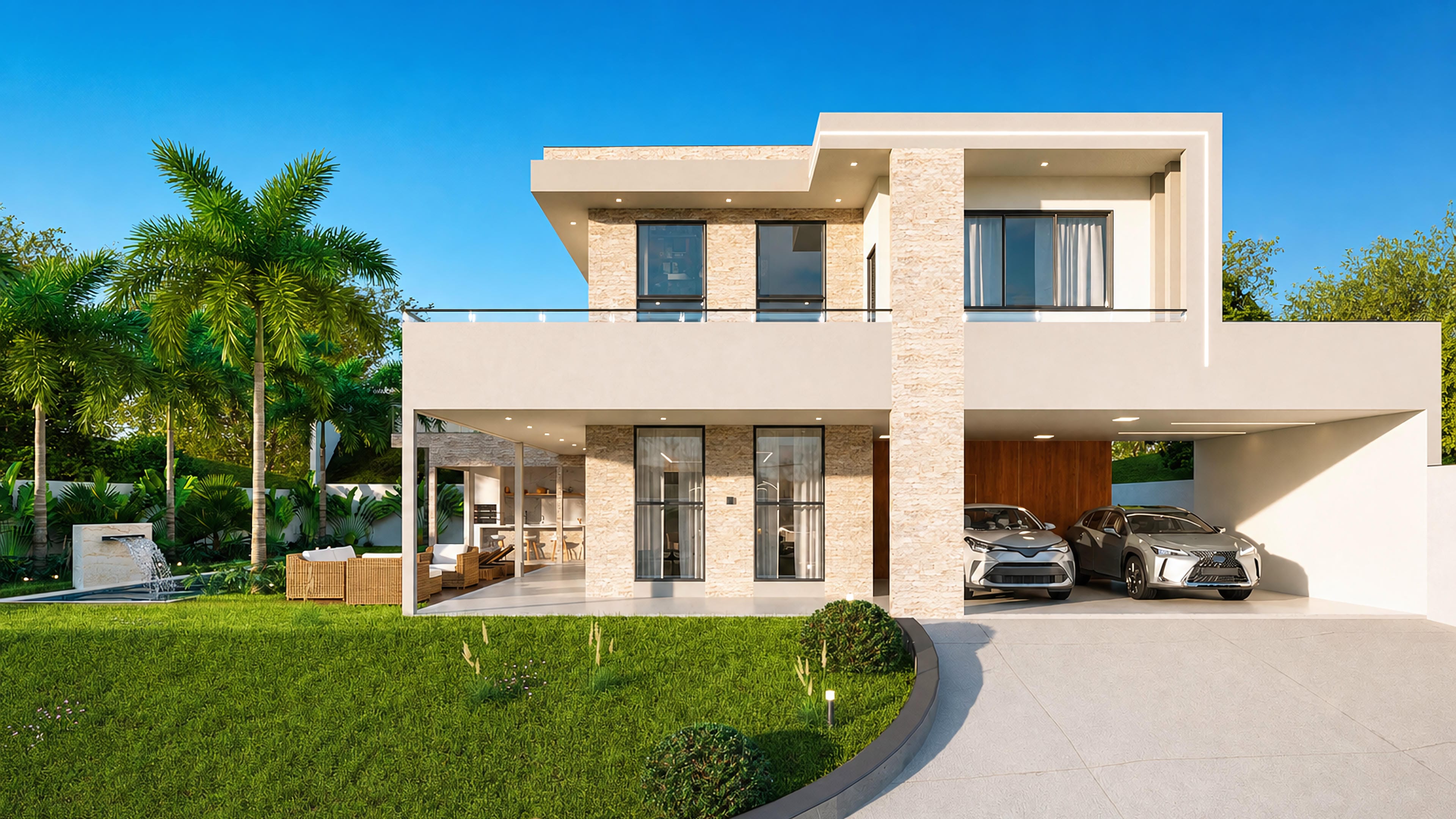 Fachada de casa de dos plantas moderna con diseño contemporáneo, presentando volúmenes distintos en tonos claros y detalles en piedras naturales. Ventanas amplias y balcones complementan el estilo.