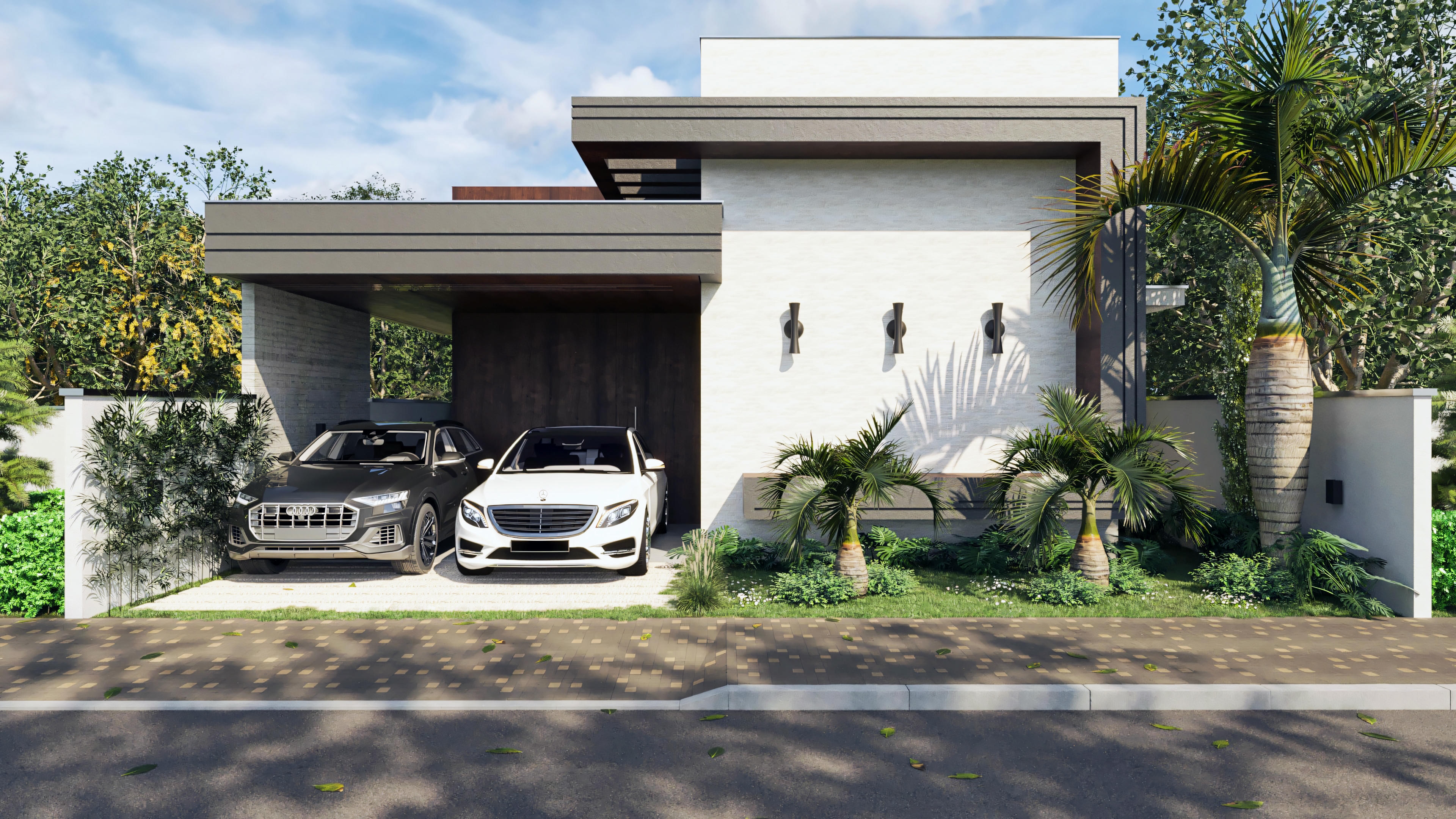 Casa moderna con 3 habitaciones, 2 de ellas suites, y garaje para 2 coches en terreno de 12x20. Fachada con pretil, revestimiento claro y detalles en madera, ideal como plano de casa de 144.98m².