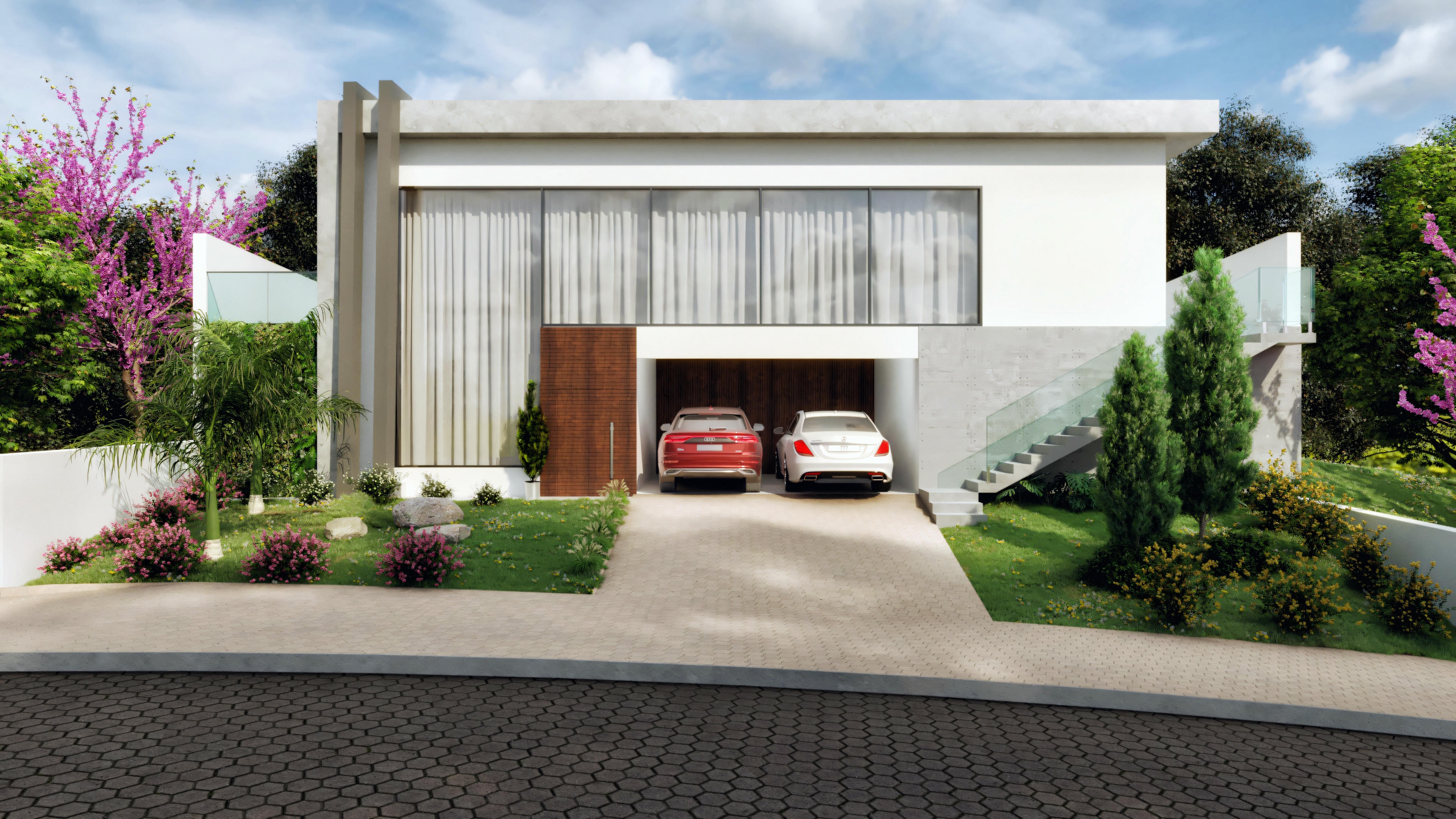 Fachada de casa moderna con 3 suites, piscina y zona gourmet, exhibiendo arquitectura contemporánea con dos plantas, 335.08m² de área construida, garaje para dos coches, oficina y amplias ventanas. Detalles en revestimiento claro y madera.