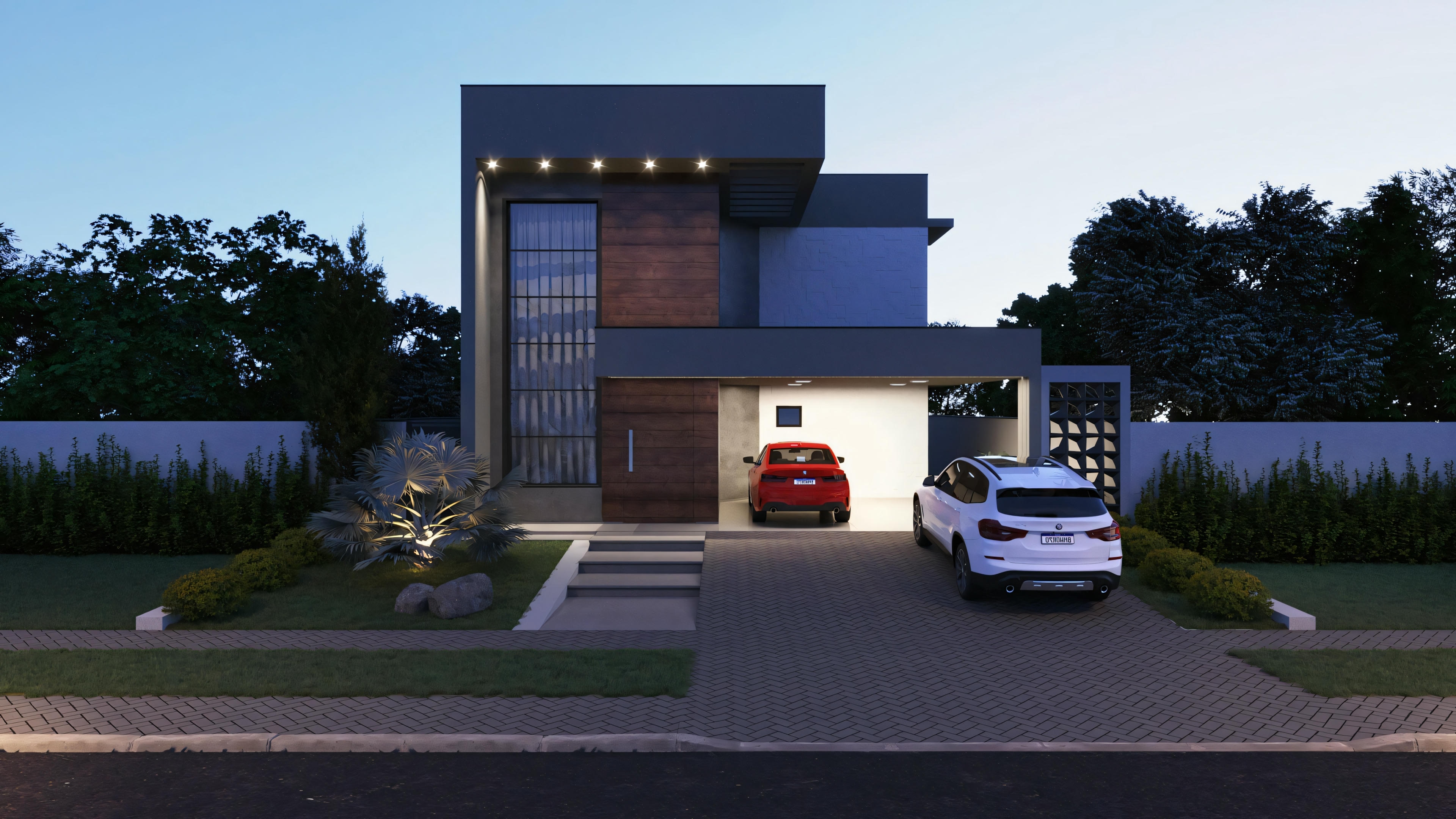 Casa moderna con fachada contemporánea, incluyendo ventanas amplias y garaje.