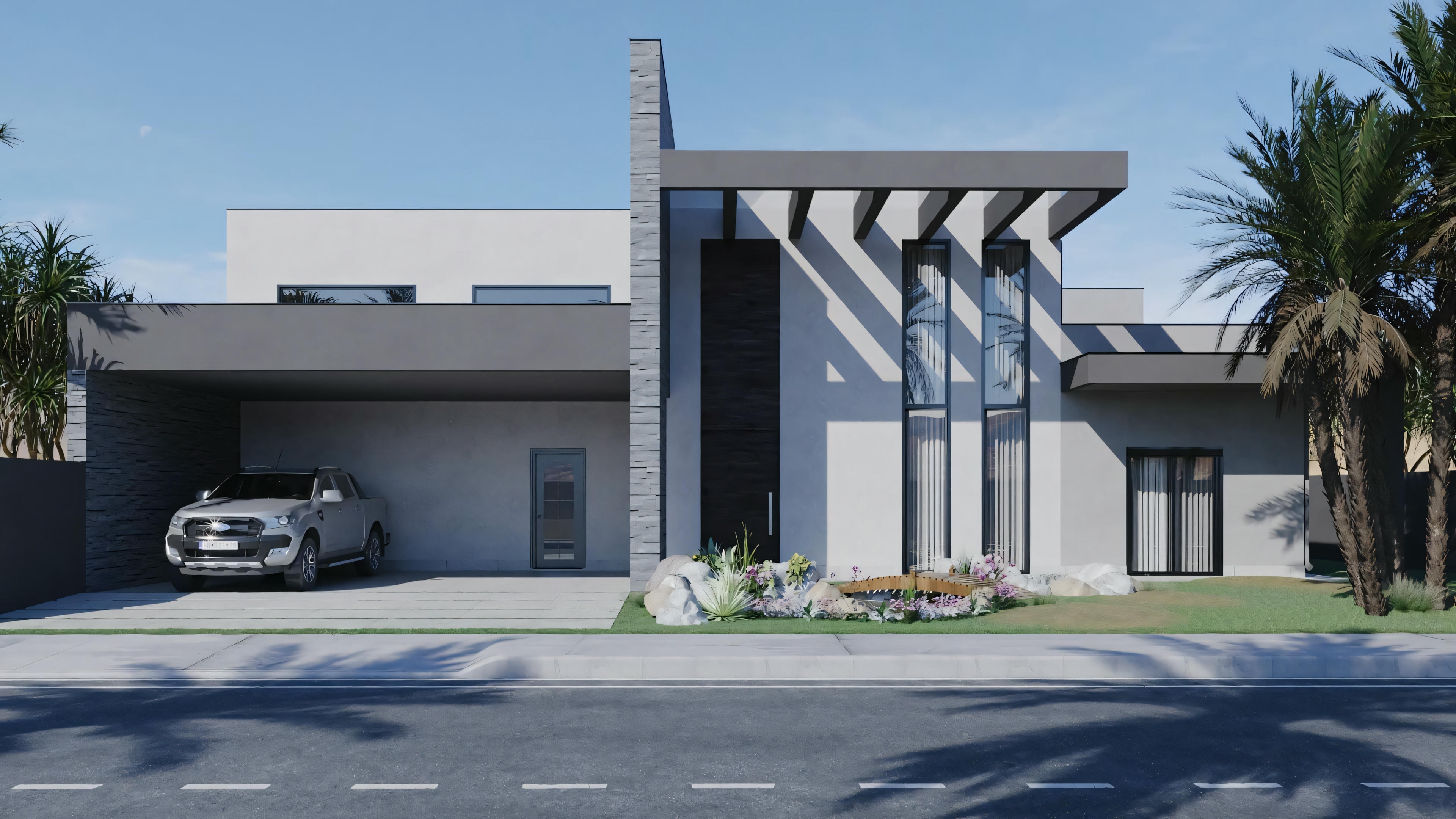 Una casa moderna de una planta con techo plano, grandes ventanales y diseño minimalista. Hay un coche estacionado en la entrada.
