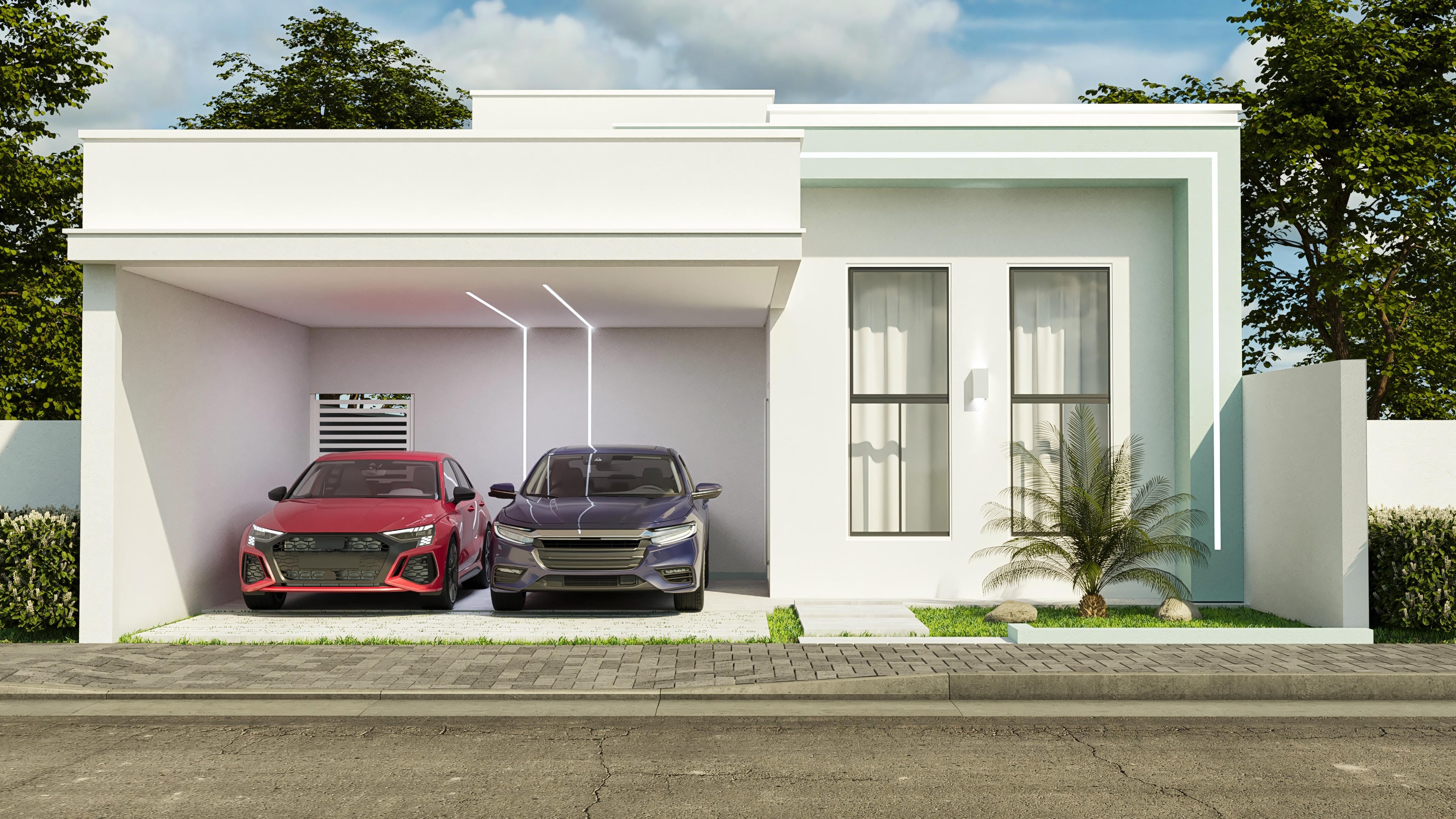 Fachada moderna de casa de una planta con garaje integrado, destacando volúmenes en blanco y detalles en menta. Ventanales amplios enmarcados e iluminación empotrada.