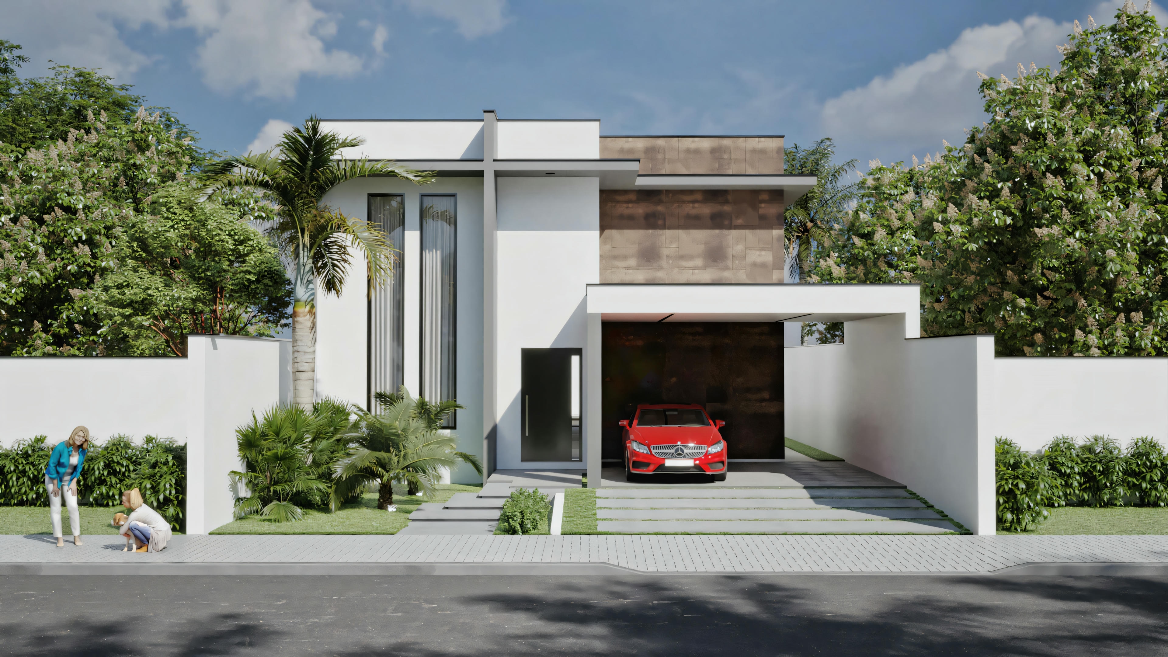Casa moderna con puerta de garaje roja cerrada.