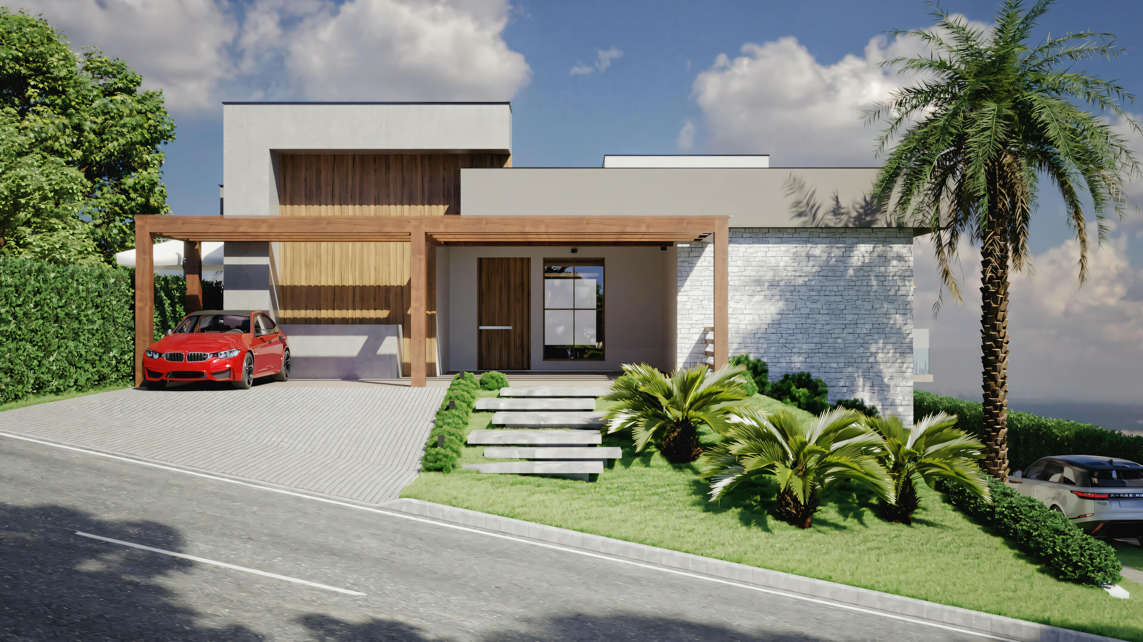Una casa moderna de una planta con techo plano y grandes ventanales. Hay un coche rojo estacionado en la entrada, rodeado de vegetación y palmeras, con un cielo despejado al fondo.