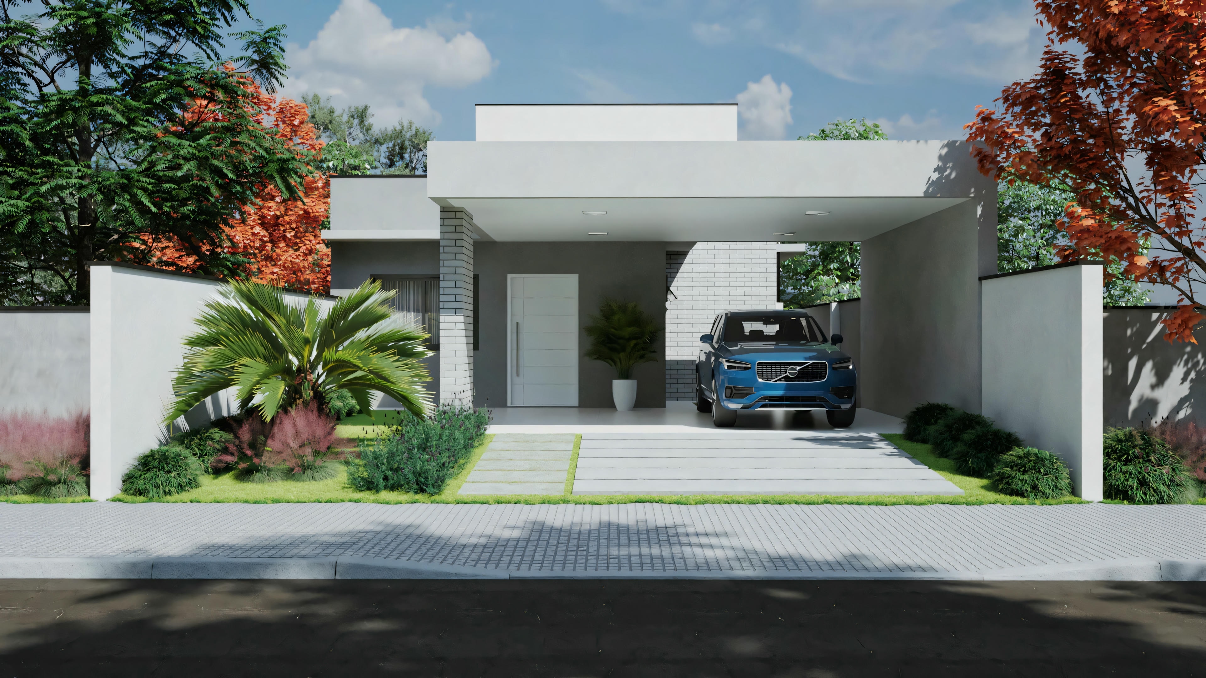 Una casa moderna con techo plano, grandes ventanas y fachada blanca, con un coche estacionado en la entrada.