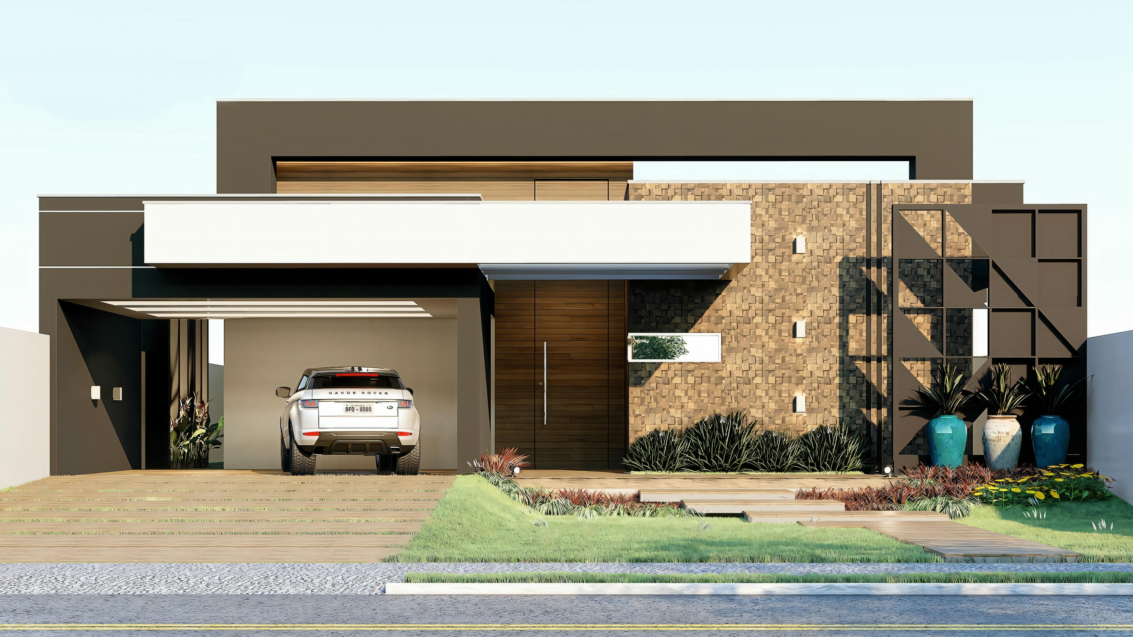 Casa moderna con techo plano, grandes ventanas y jardín paisajístico.
