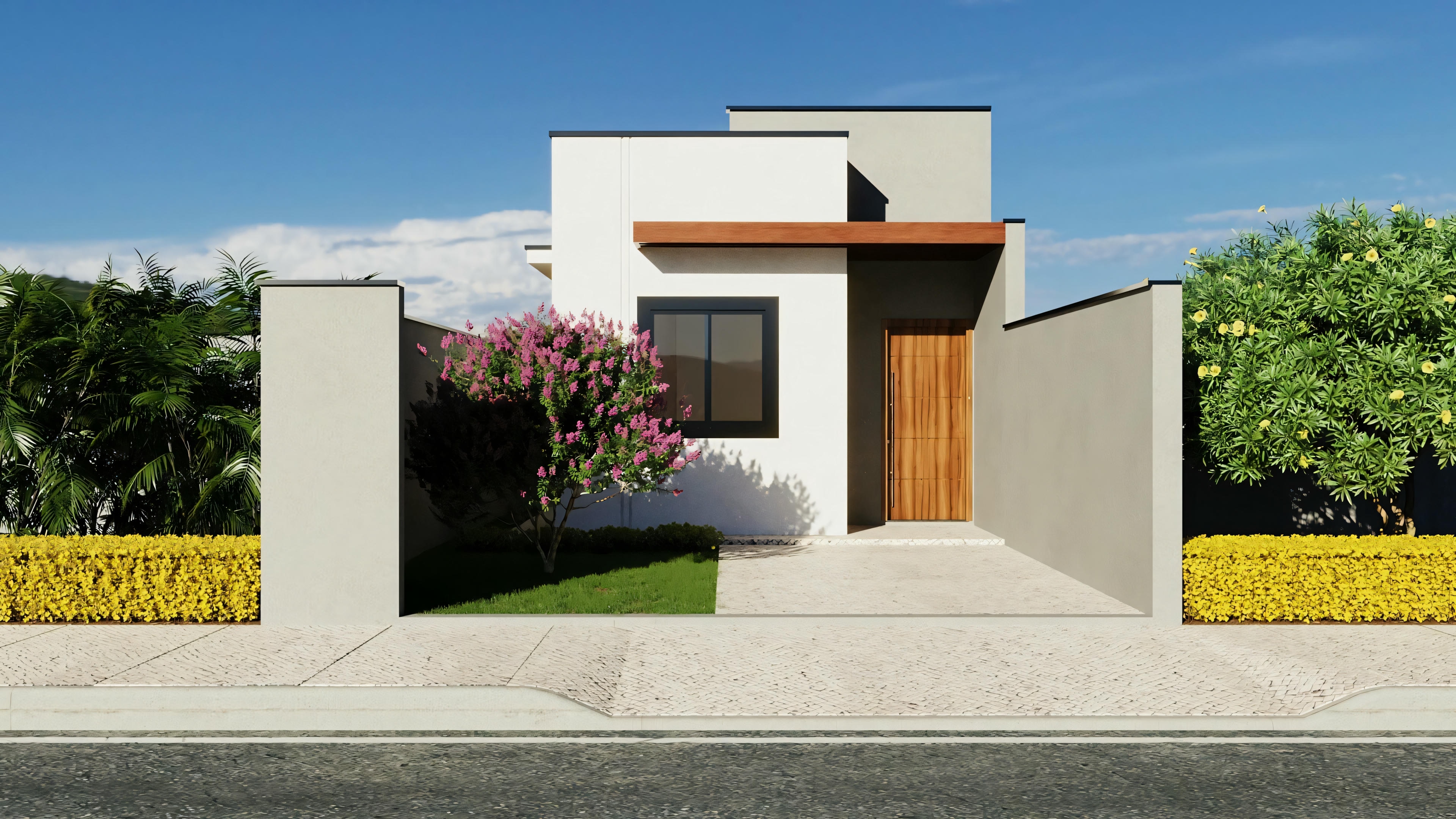 Exterior de uma casa contemporânea com telhado plano, linhas limpas, paredes bege e paisagismo com arbustos e uma pequena árvore.