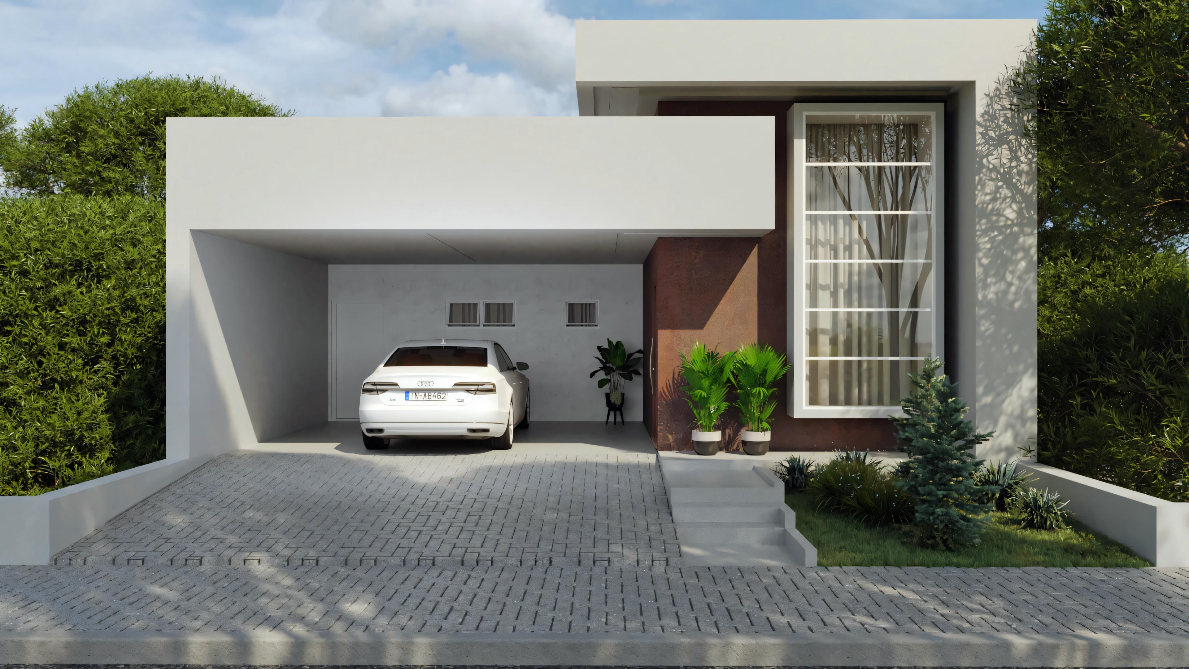 Exterior de una casa moderna con grandes ventanas, techo plano y rodeada de vegetación. Hay un coche aparcado en la entrada.