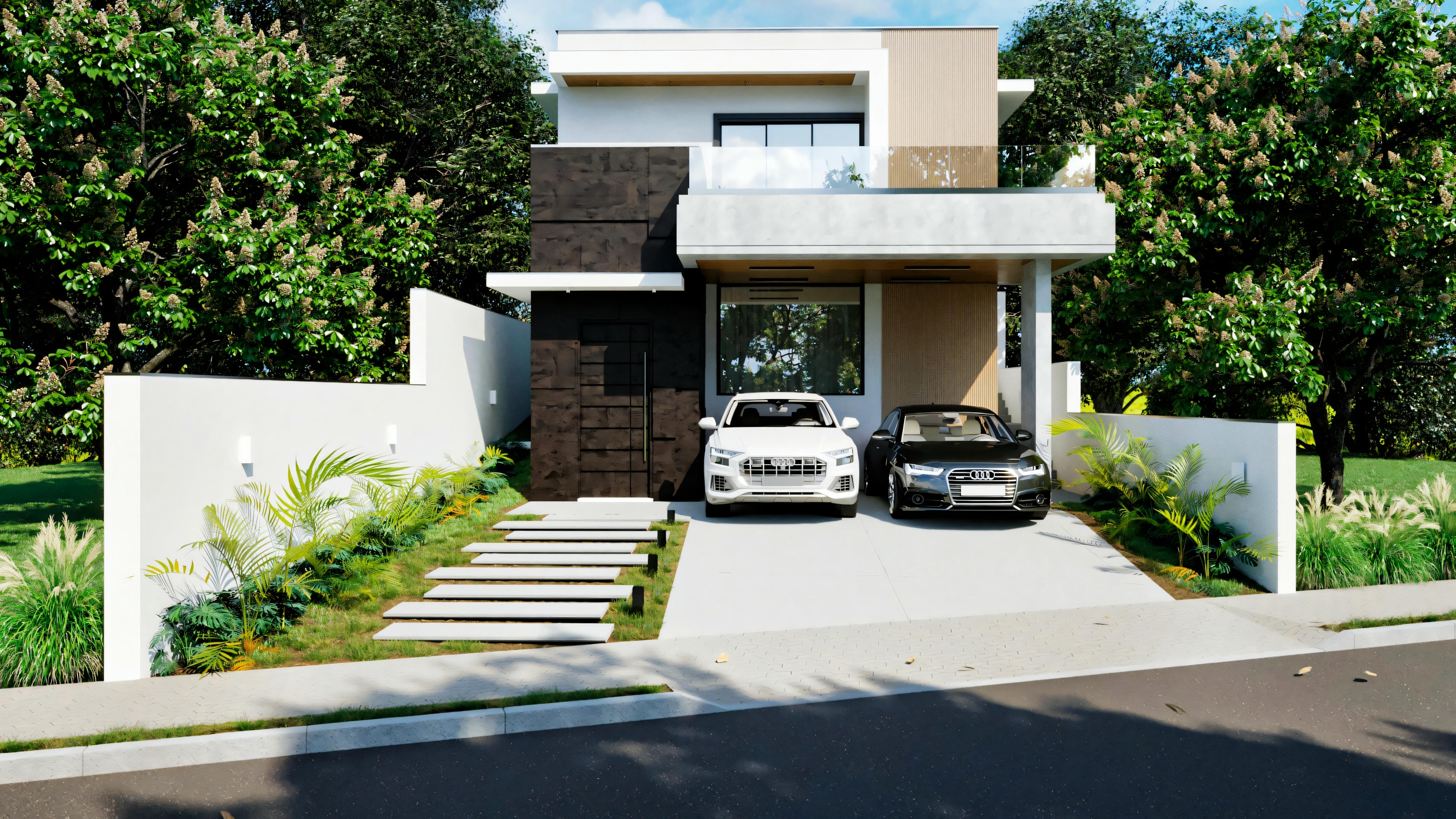 Fachada de una casa contemporánea de dos pisos con exterior blanco, grandes ventanales y entrada con auto estacionado.