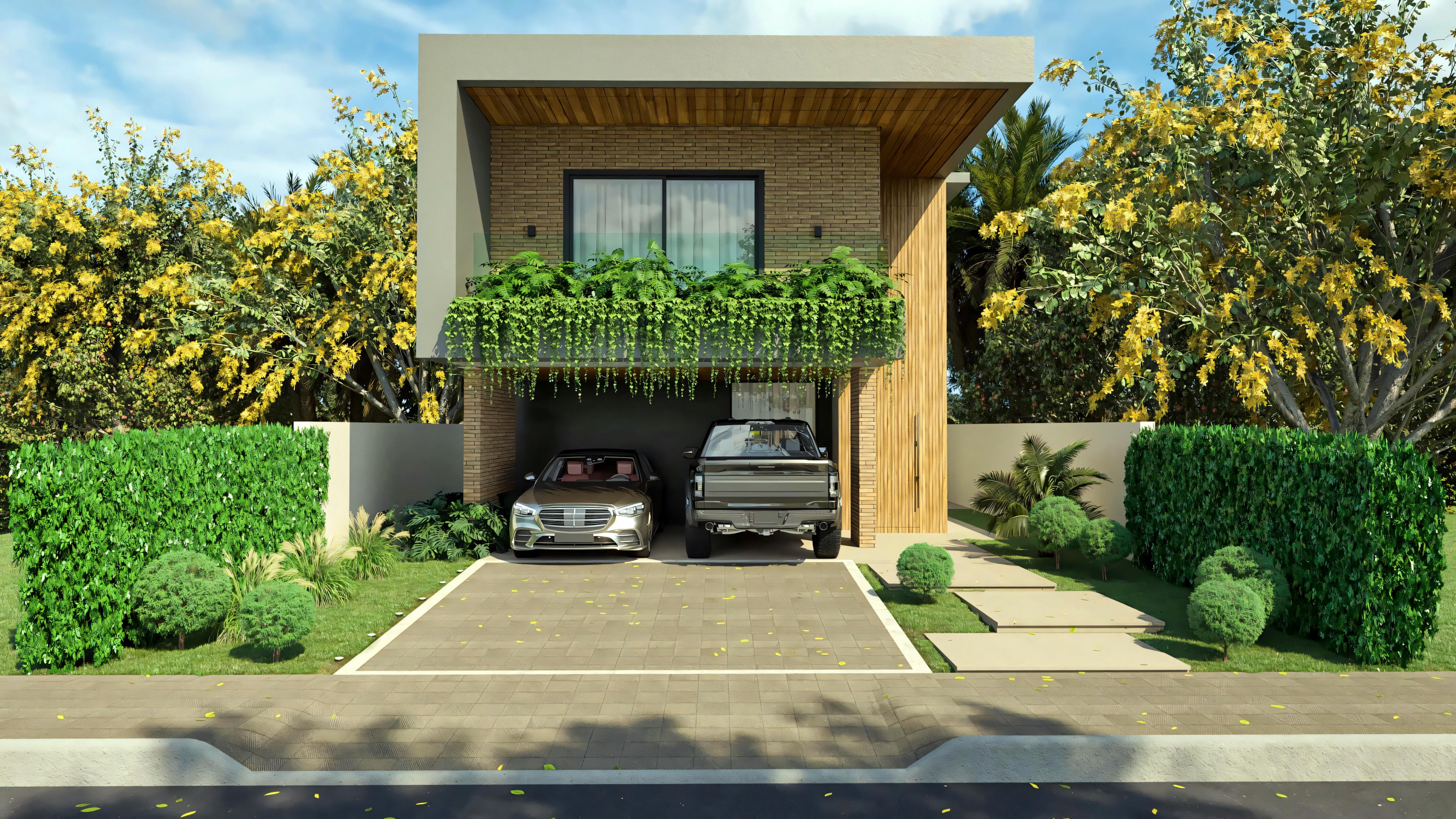 Fachada de casa de dos pisos moderna con 330m², garaje para dos autos y elementos de estilo industrial, como revestimiento de ladrillo caravista y detalles en madera, incluyendo balcón con vegetación.