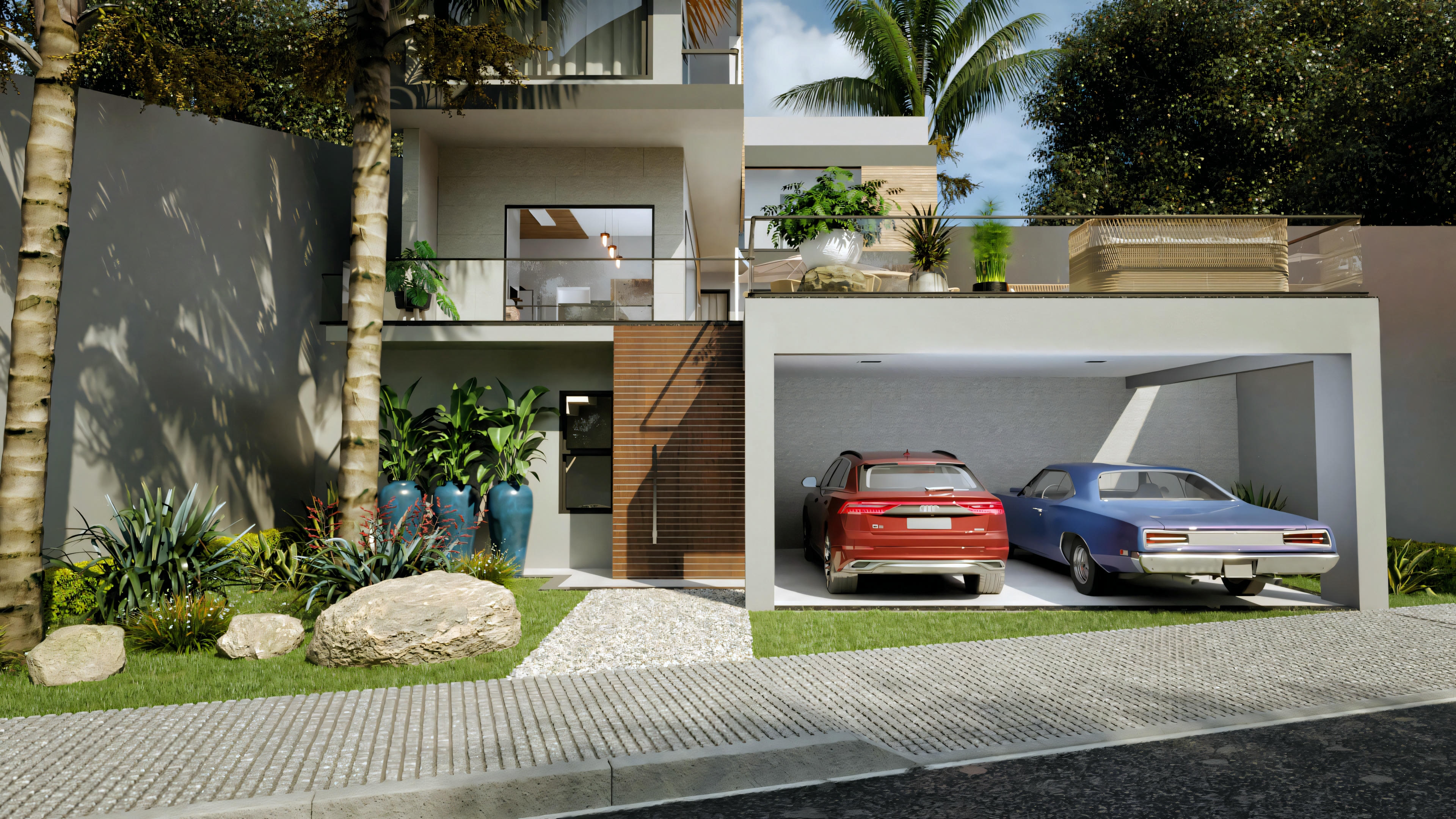 Fachada de casa moderna tipo 4 con 4 suites, garaje cubierto para 2 autos, detalles en madera, paisajismo con palmeras y piedras, y balcón con barandilla de vidrio. Proyecto con 316.98m² de área.