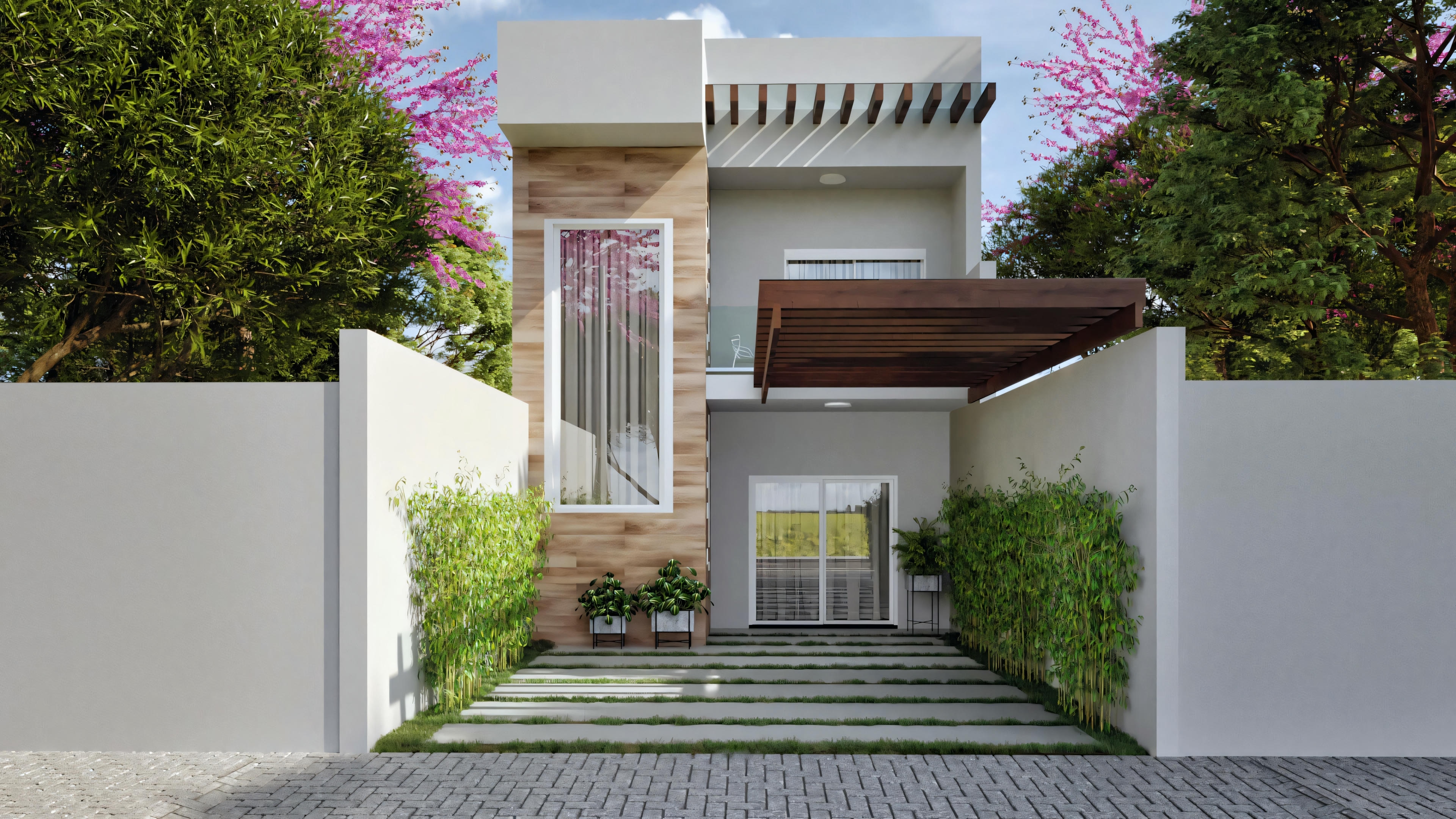 Fachada de uma casa moderna com porta de garagem, caminho de entrada e vegetação ao redor.