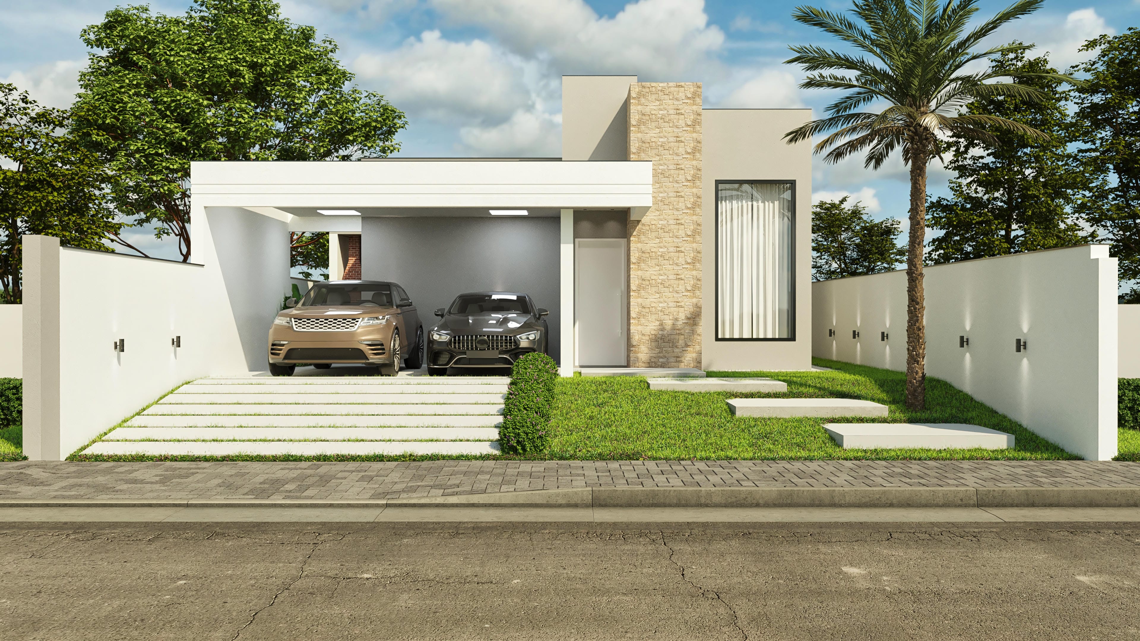 Fachada de casa de una planta moderna en terreno 12x30m, con garaje para dos coches, portón empotrado, detalles en piedra natural y ventanas amplias.