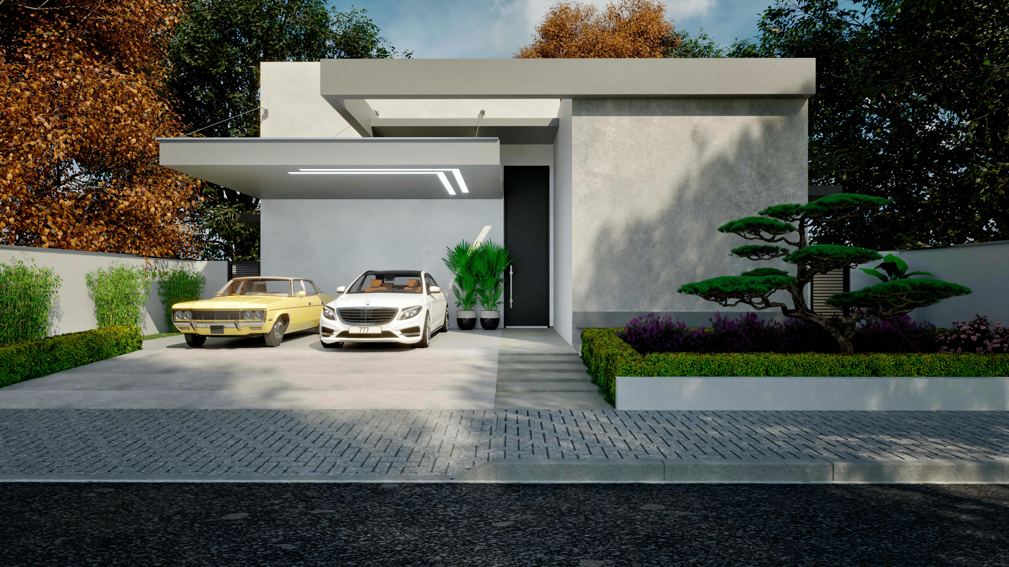 Fachada moderna de casa de planta baja con 3 suites, proyecto de 246.28m² en terreno 17x30, con garaje para 3 carros, paisajismo y área gourmet con piscina.