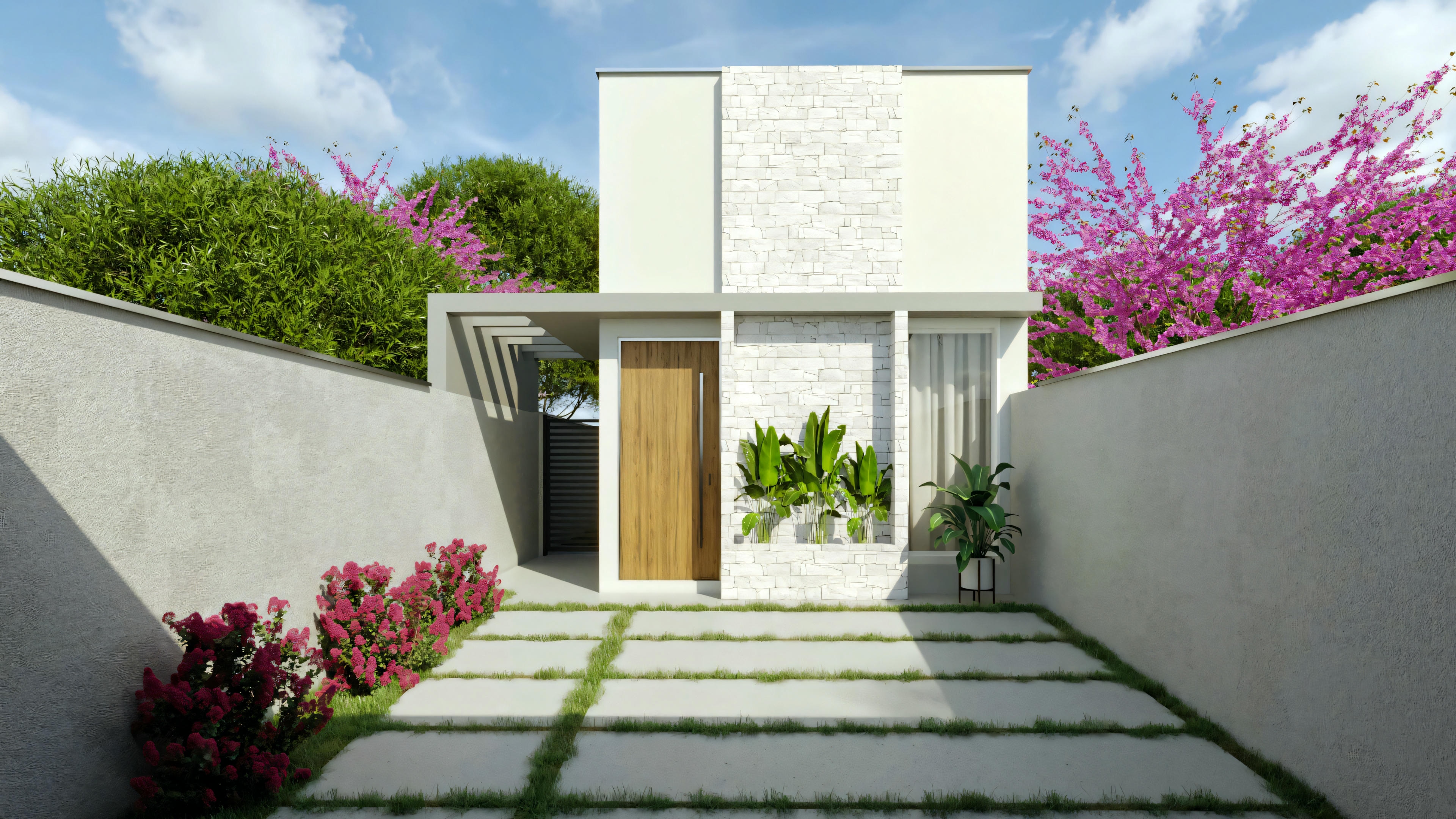 Fachada de casa de planta baja pequeña y moderna con 2 habitaciones, construida en terreno de 5x25 (medio lote). Posee revestimiento en piedra clara, puerta de madera, pérgola en la entrada y plaza de garaje descubierta.