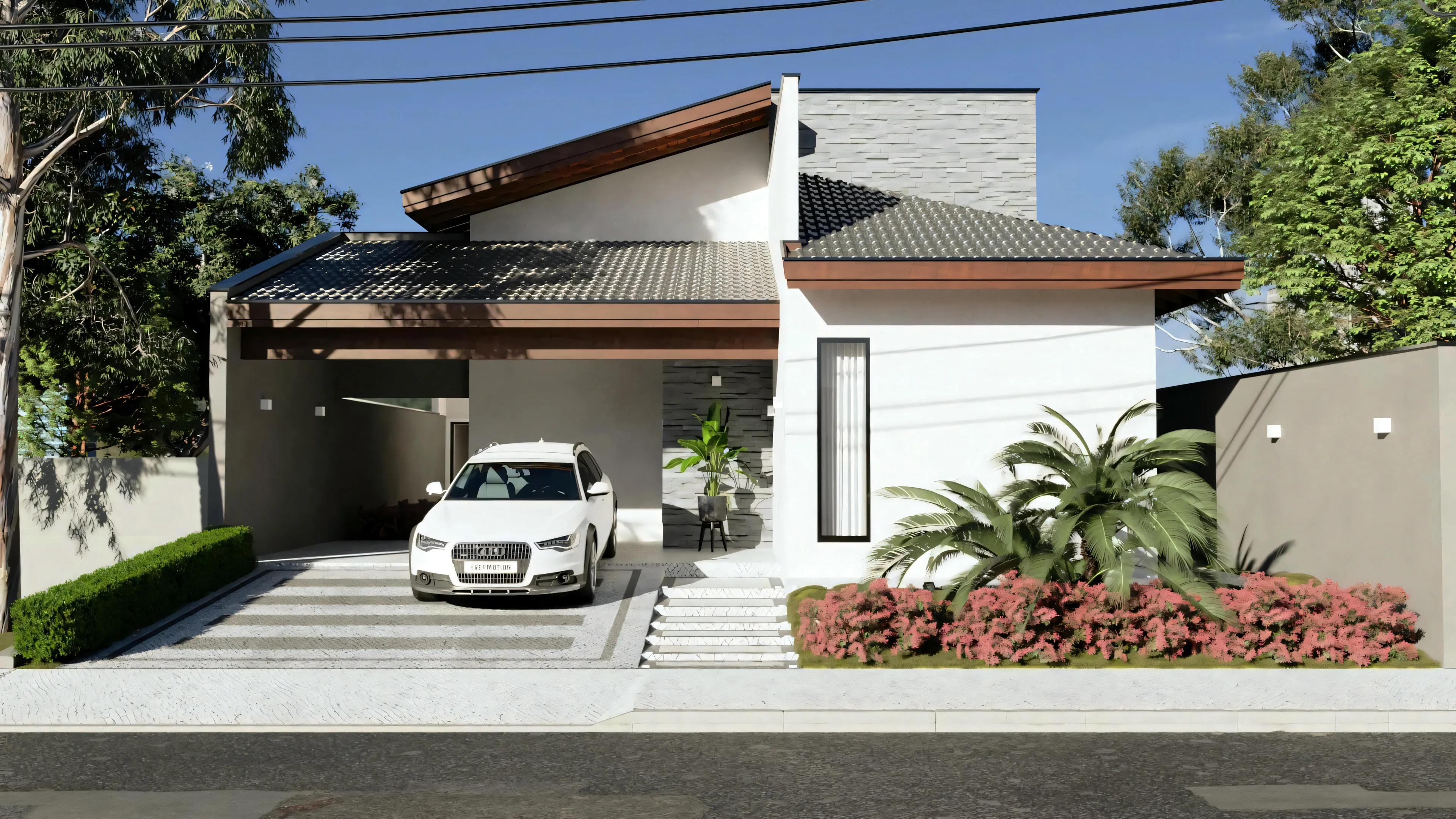 Fachada de casa térrea moderna com telhado aparente em madeira e estrutura exposta, projeto residencial de 183m² com 3 quartos, garagem para 2 carros e paisagismo.