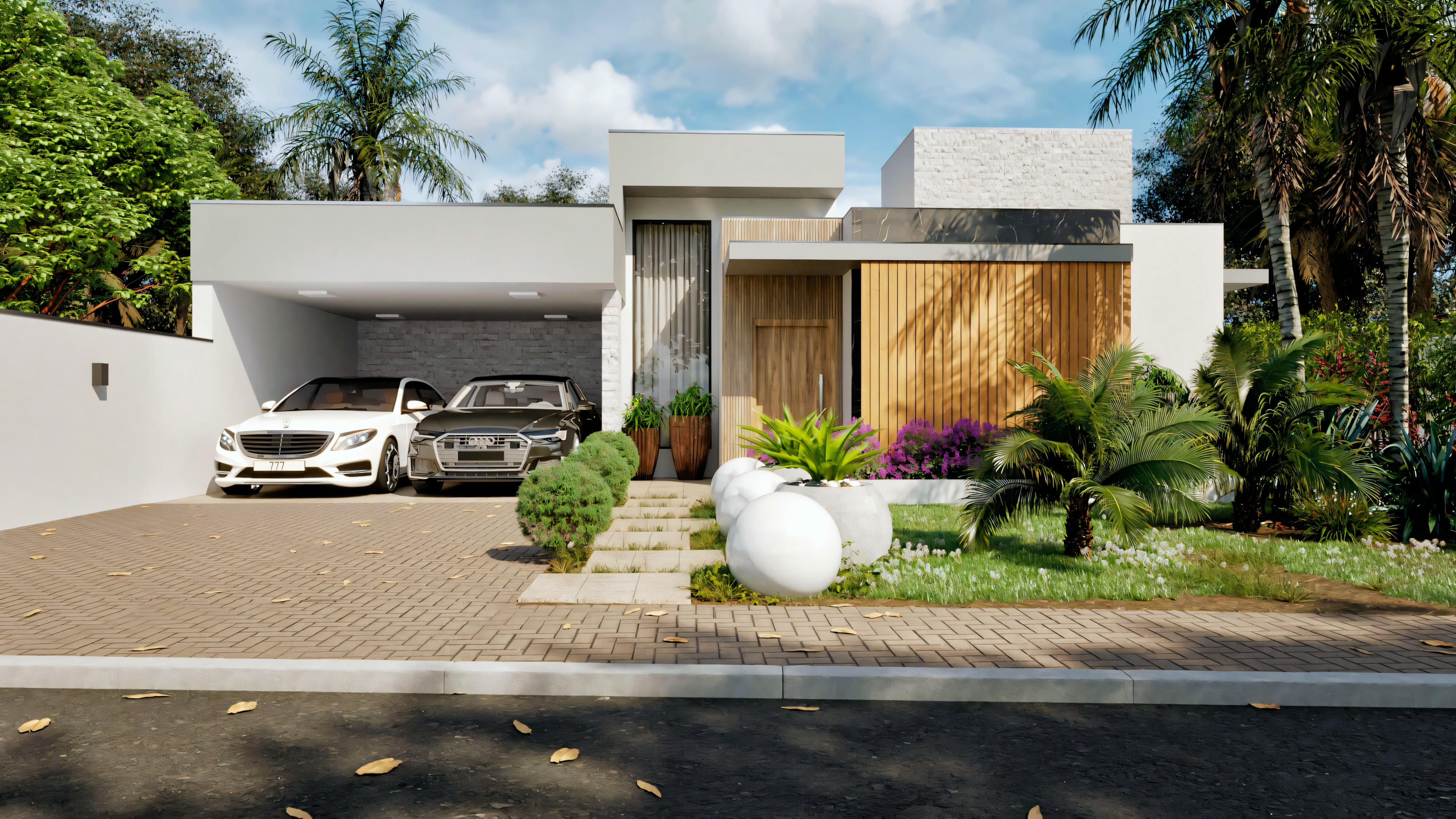 Fachada de una casa moderna con tejado plano, grandes ventanales y un coche blanco aparcado delante.
