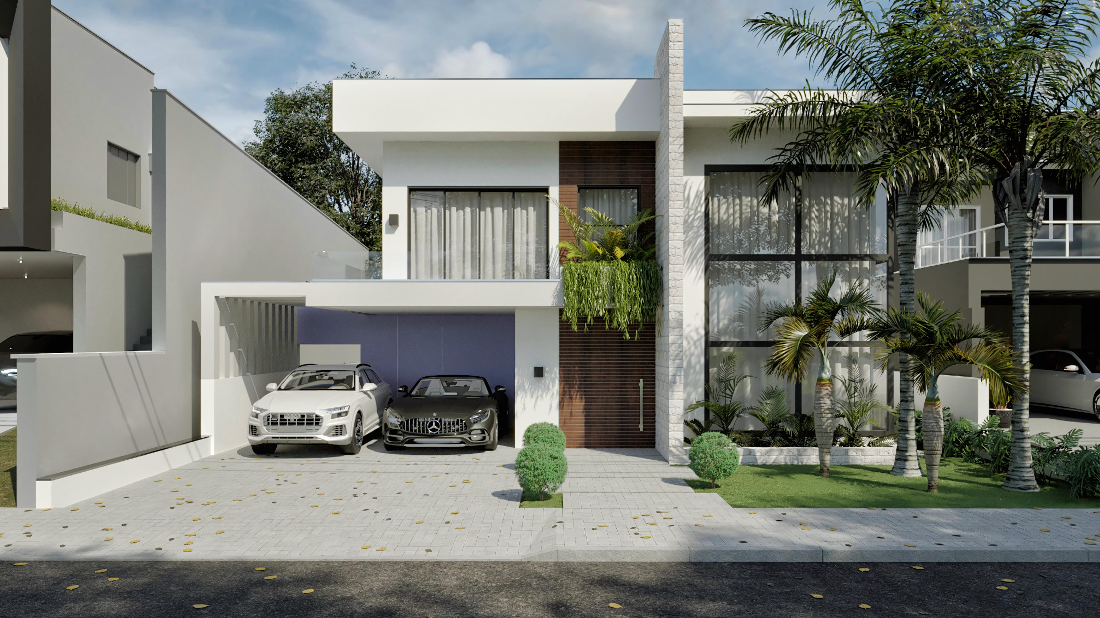 Fachada de casa moderna de dos plantas con volúmenes en blanco y detalles en madera oscura y piedras, amplios ventanales y vegetación exuberante.