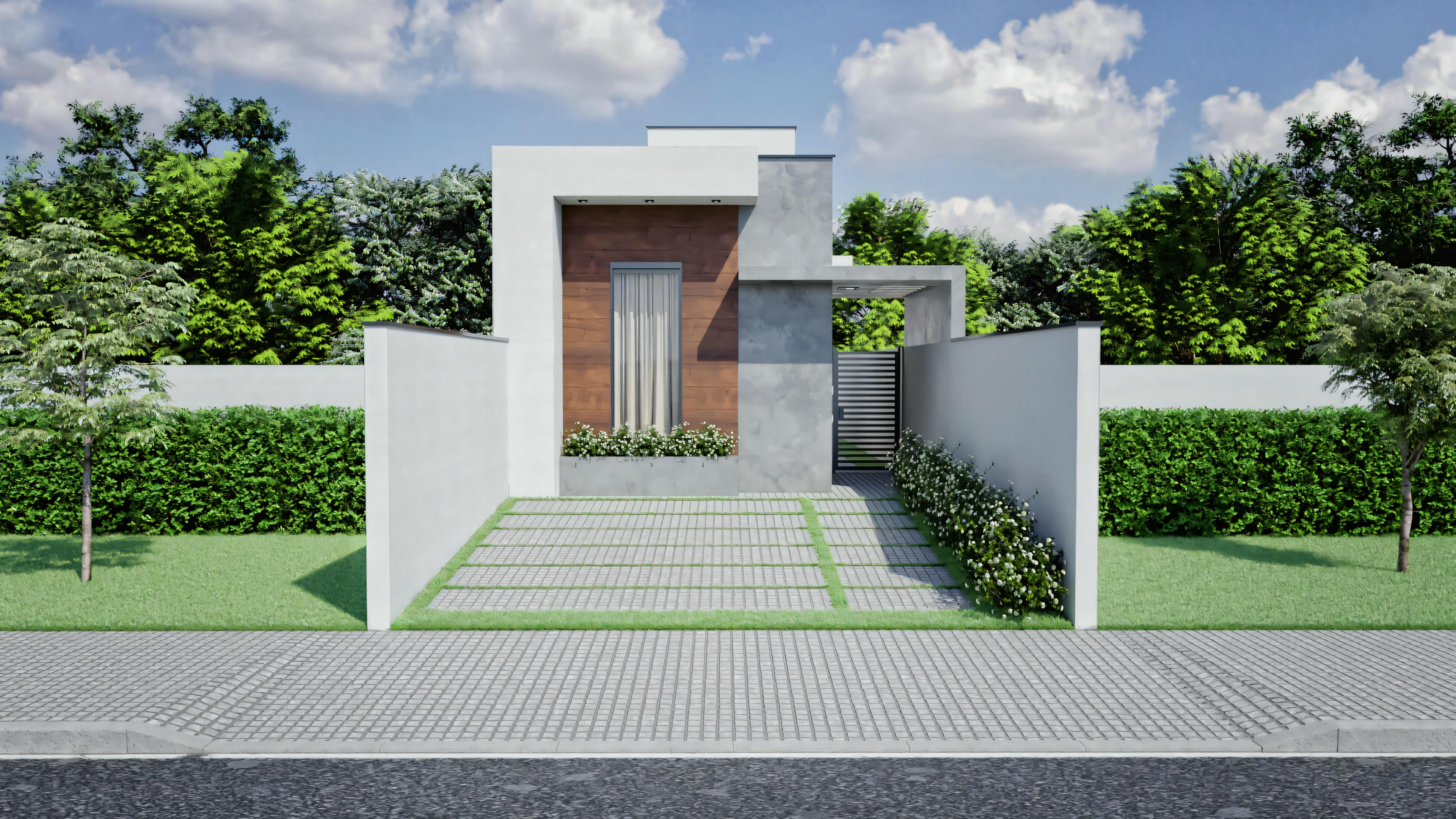 Fachada de una casa moderna con techo plano, entrada rectangular grande y diseño simétrico. Hay escalones que llevan a la entrada, flanqueados por paredes y vegetación.