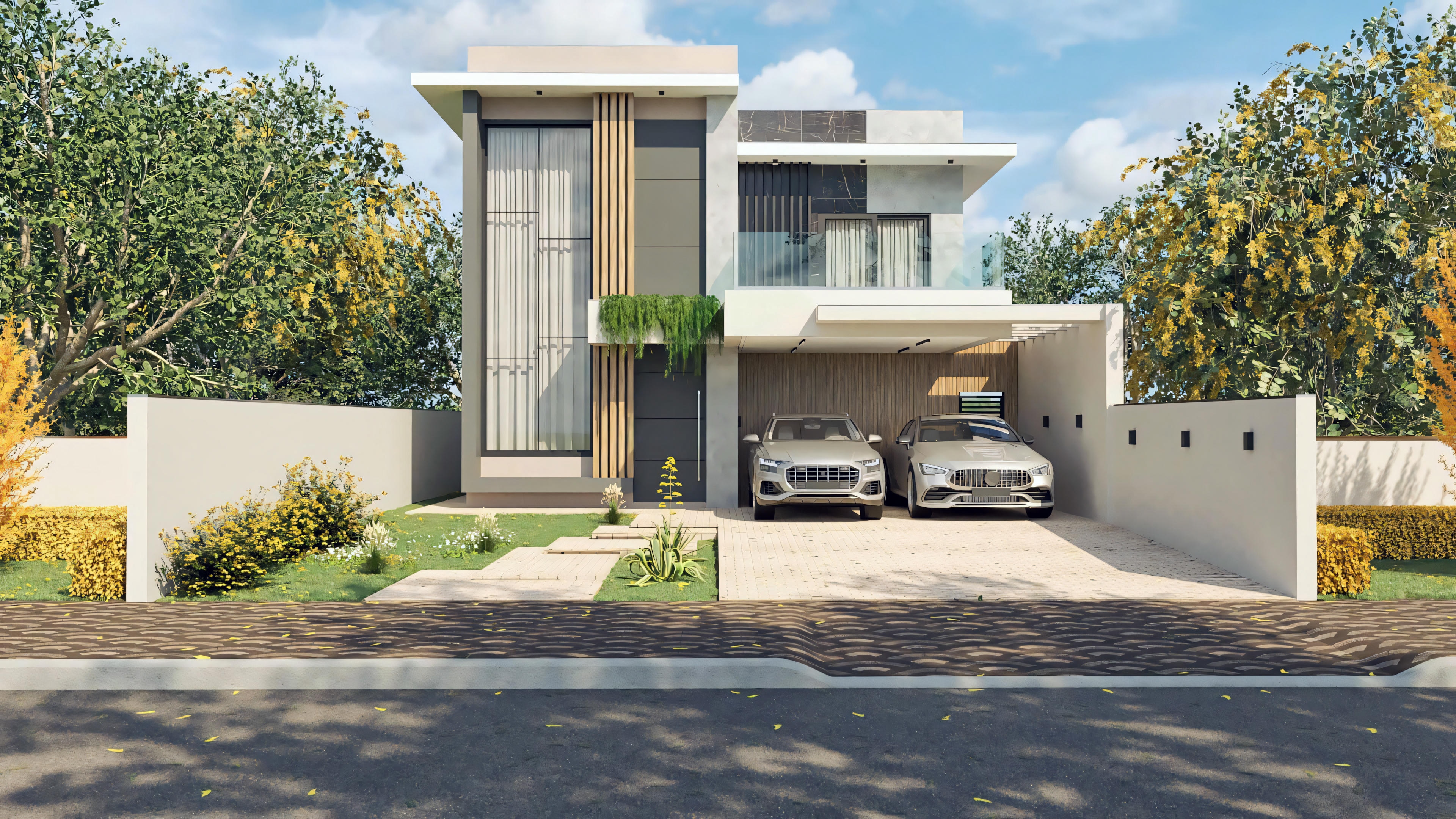 Fachada de casa de dos plantas moderna con 3 suites, proyecto para terreno de 12x30, presentando diseño contemporáneo con pretil, ventana vertical amplia, balcón con barandilla de vidrio, garaje cubierto para 2 autos y revestimientos mixtos.