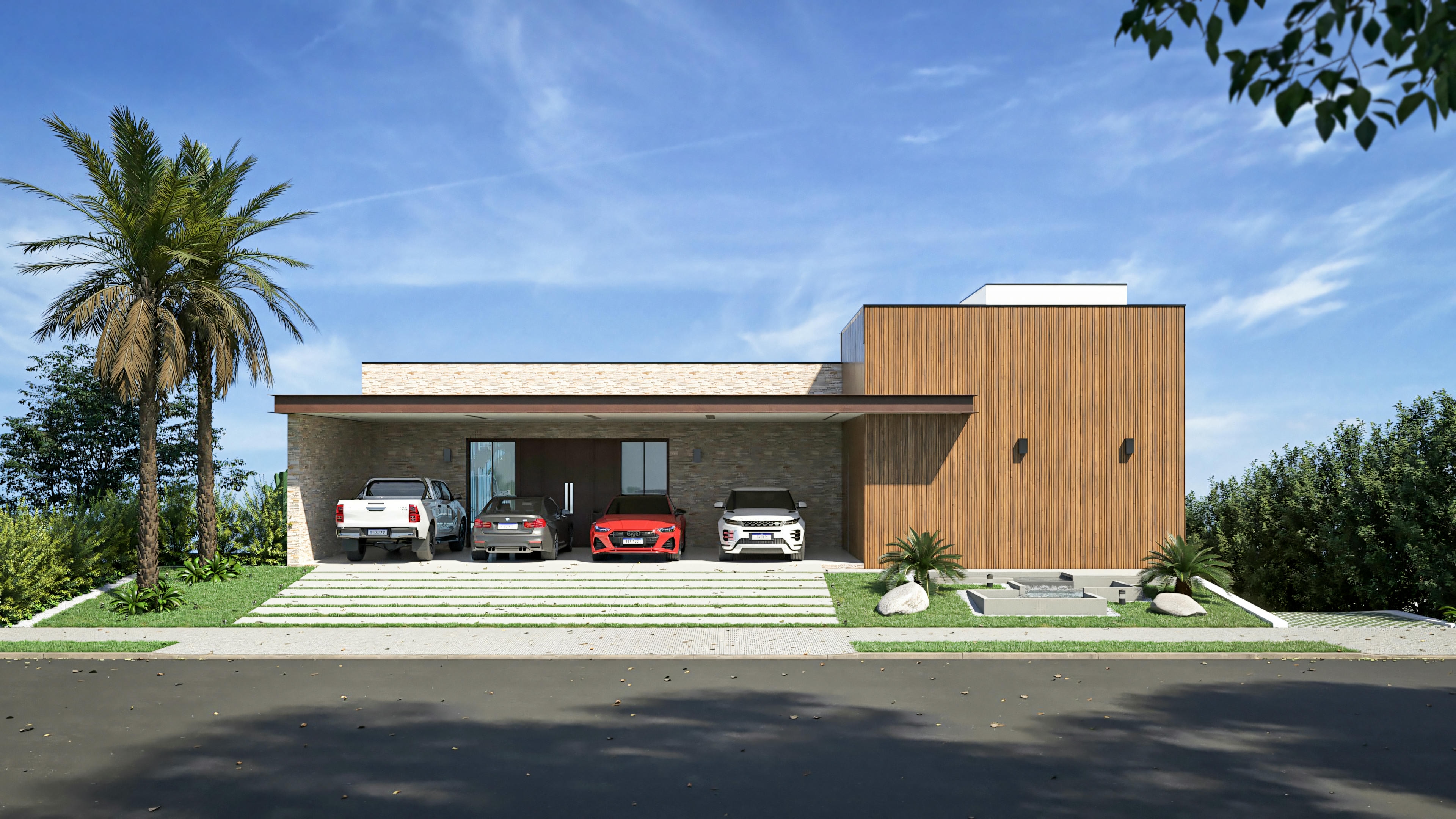 Front facade of a modern and imposing luxury mansion project, with 555.9m² on a 20x35 lot. It features a 3-car garage, large glass panels, and concrete and wood finishes. Project with 4 suites, office, and gourmet area.