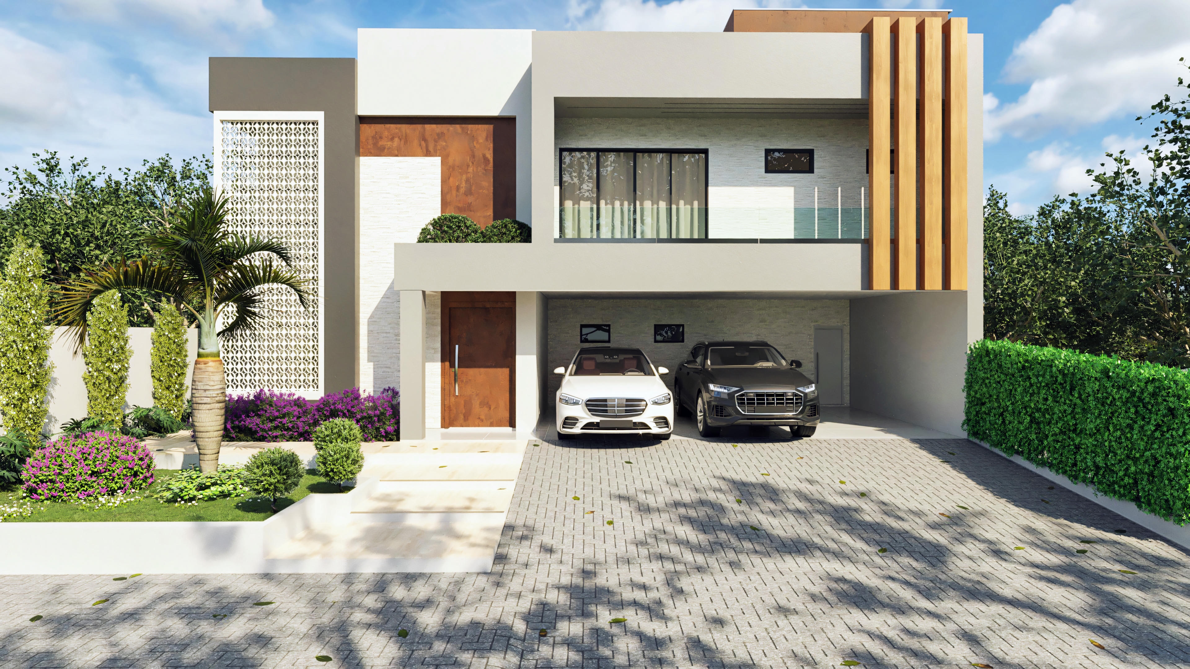 Modern 394.84sqm 4-suite pool house project, ideal for a 20x25 lot. Facade with neutral-toned cladding, wood-slat details, and large glass openings, covered garage for 3 cars.