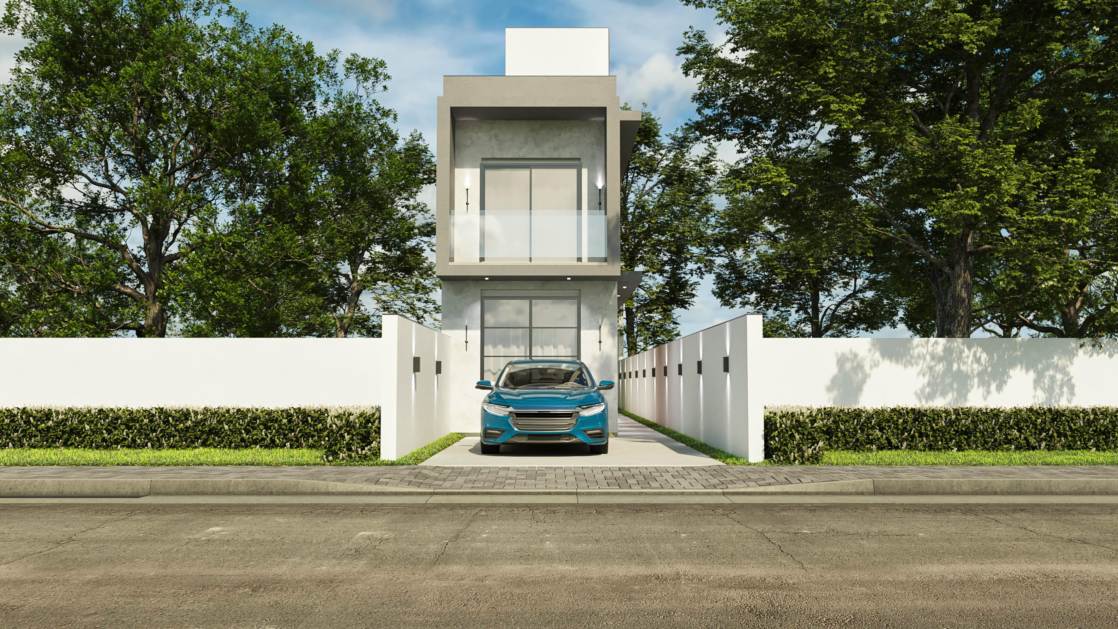Modern facade of a narrow two-story house with an upper volume in exposed concrete and textured cladding in a neutral tone.