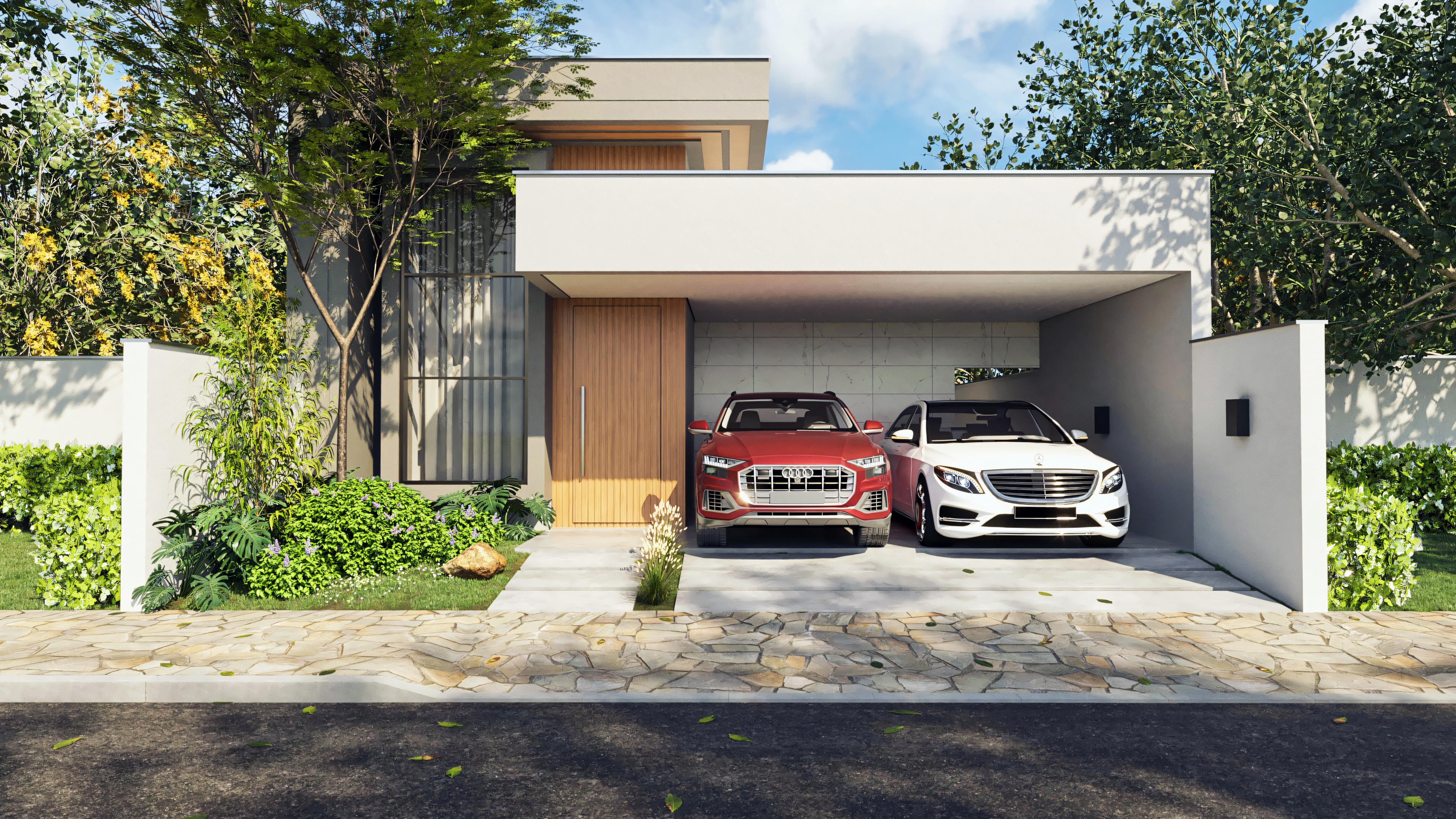 Modern facade with 2-car garage.