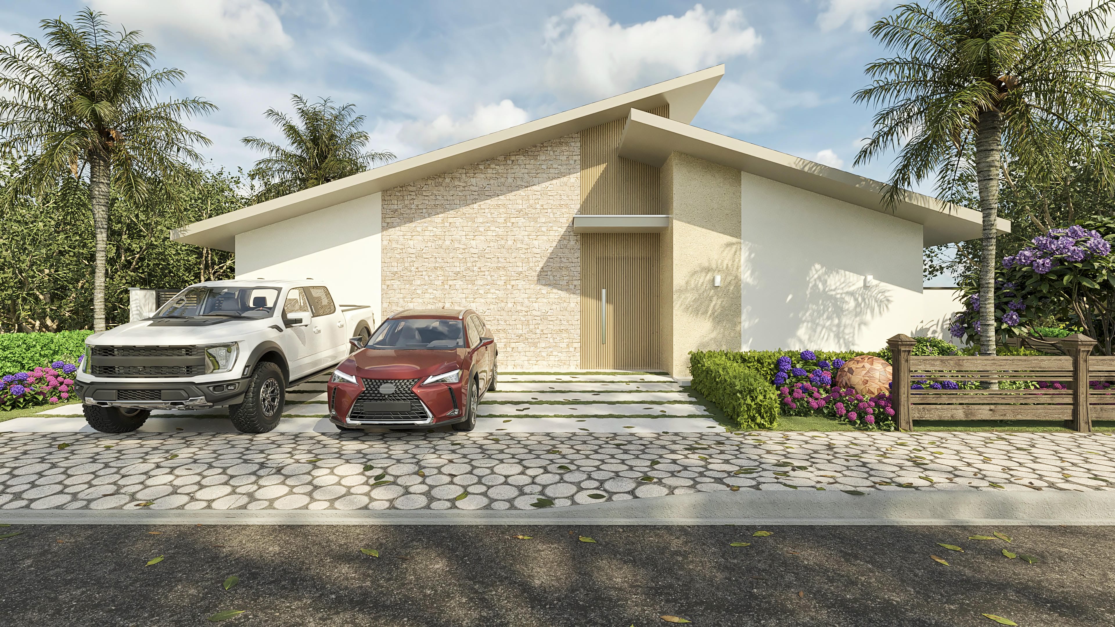 Modern facade of a single-story house with 4 suites, featuring a sloped roof in geometric volumes. The cladding combines textured light stone with smooth white walls and slatted wood details.