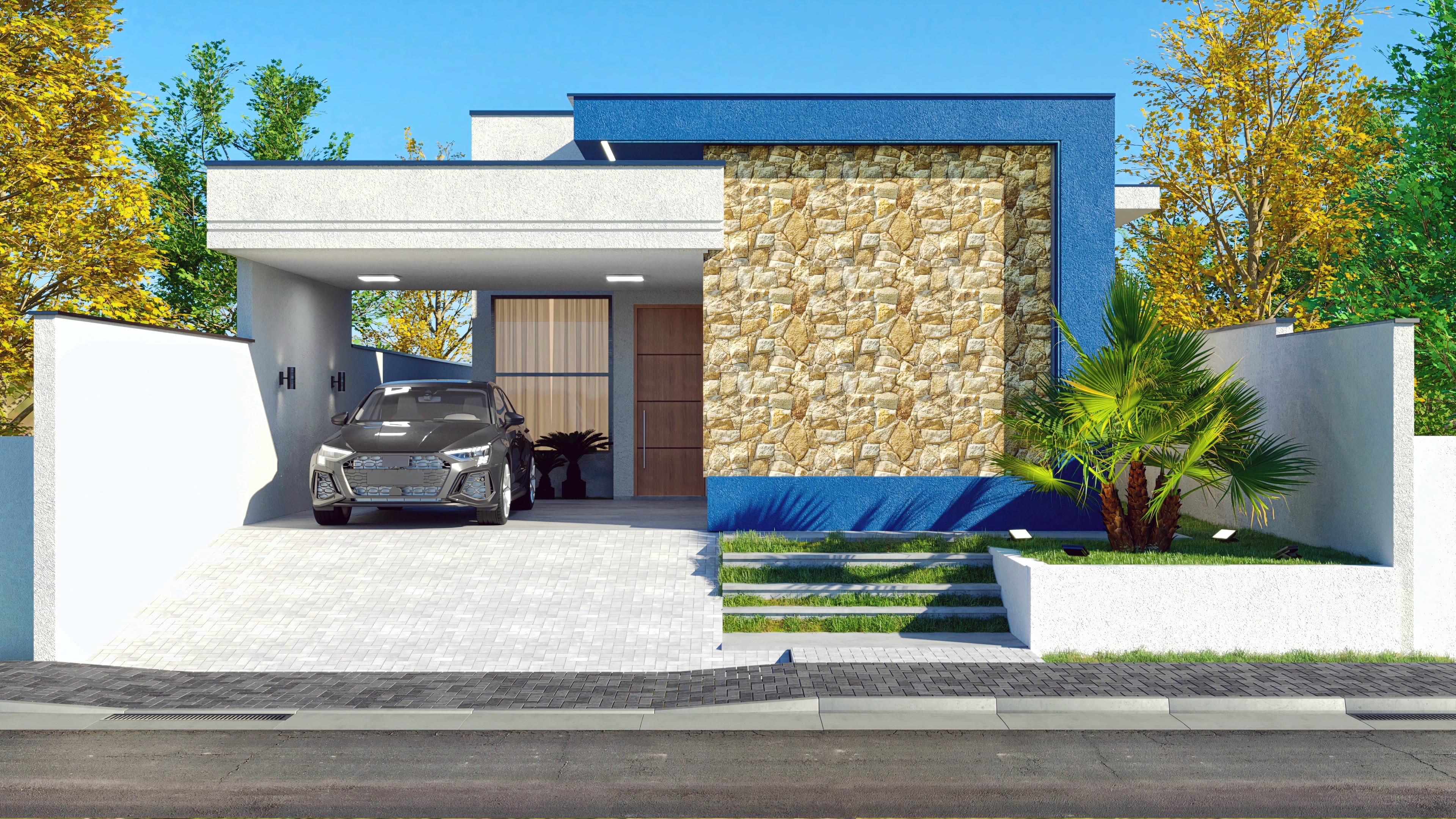 Modern facade of a single-story house with natural stone details, blue and white textured cladding, and large windows.