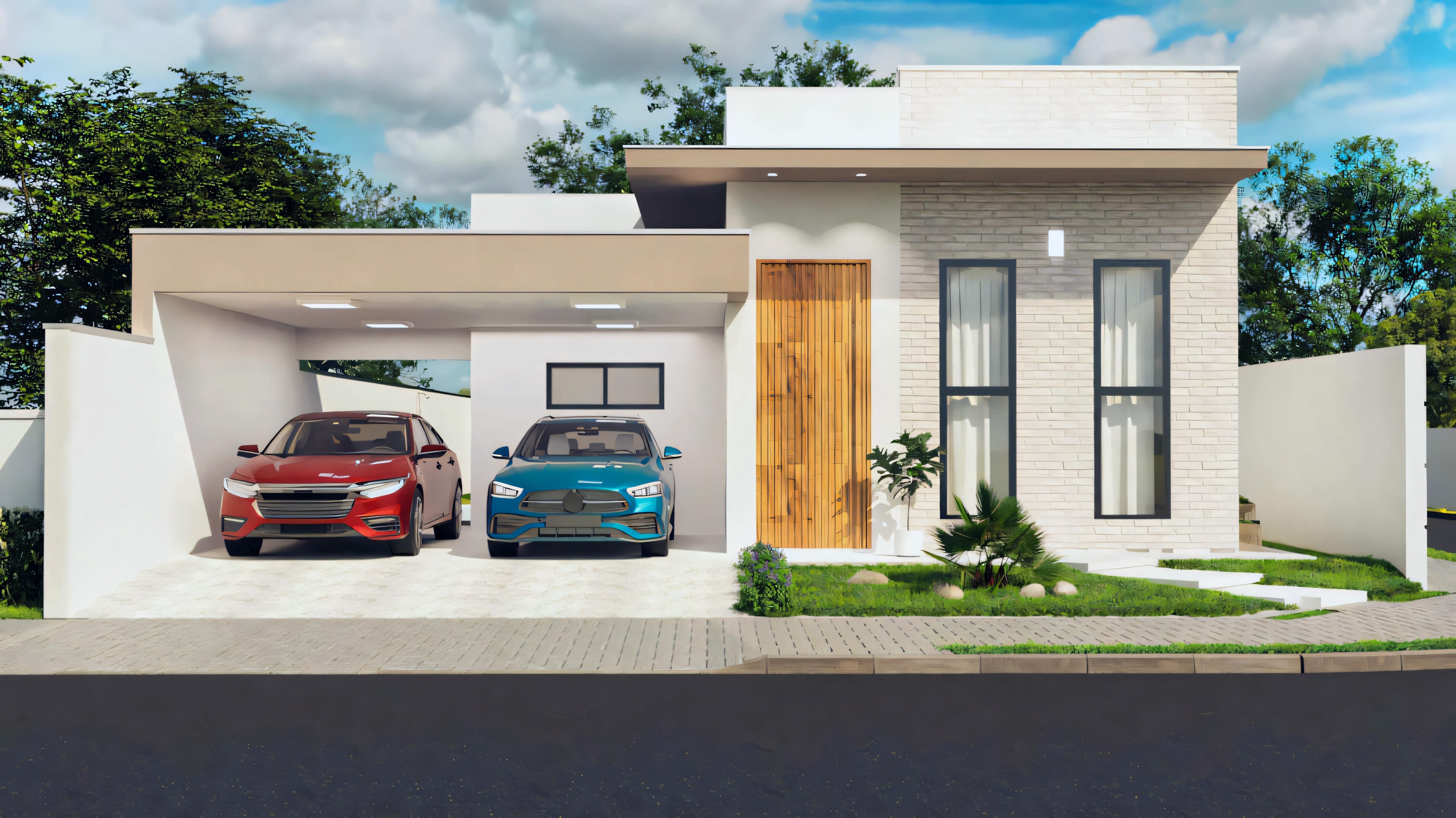 Front view of a modern house with a flat roof, large windows, and an entrance with two cars.