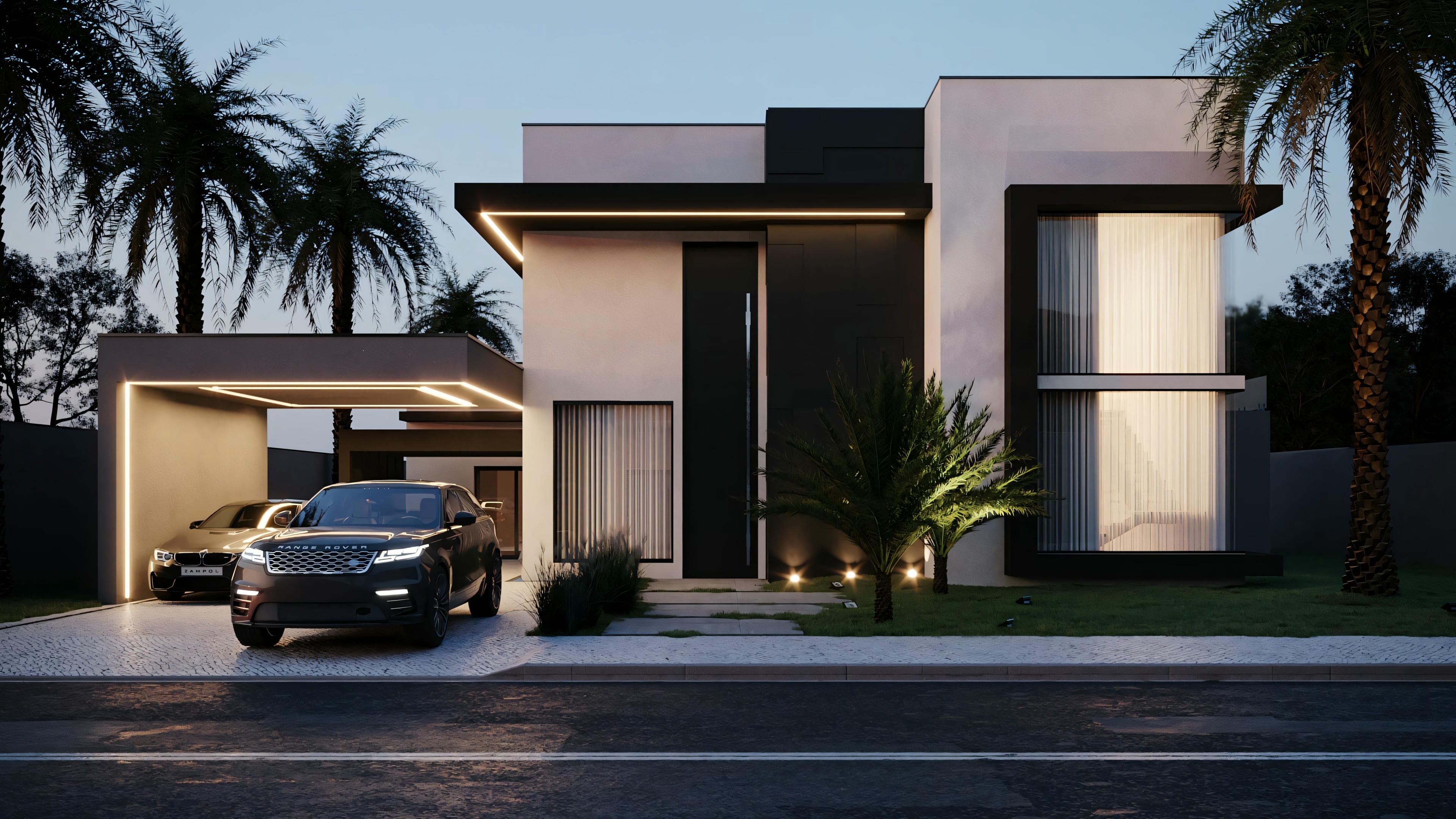 Modern house at dusk, with lights on and a car parked in front, seen from a slightly different angle.