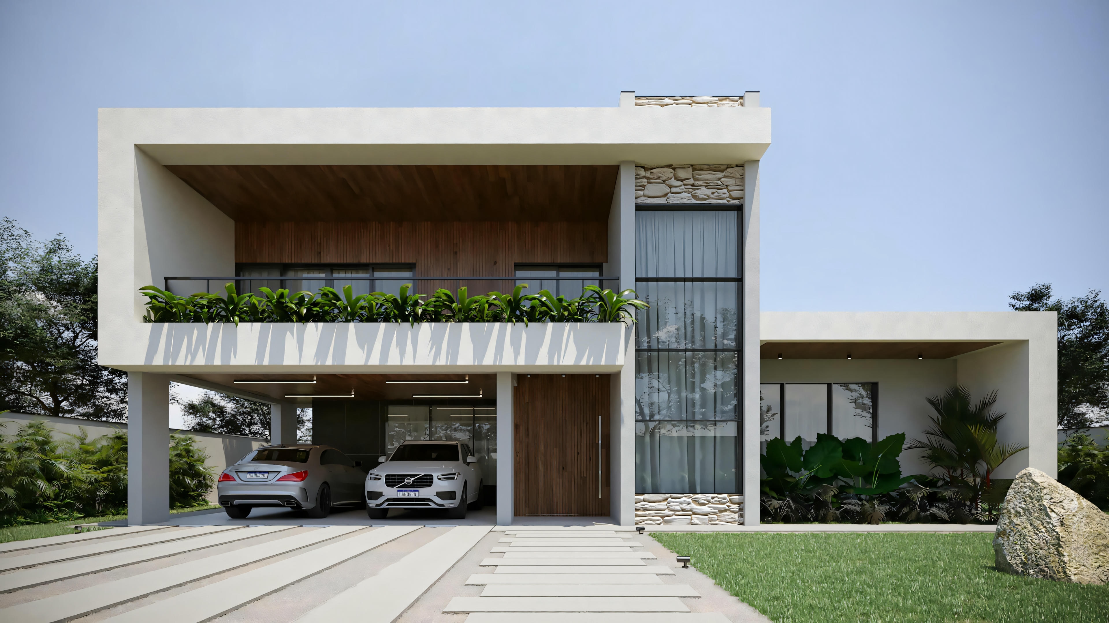 Ready-made house project with 368.67sqm, featuring a modern facade with 3 suites, garage for 2 cars, and gourmet area. Architecture with stone and wood details, upper balcony, and landscaping.