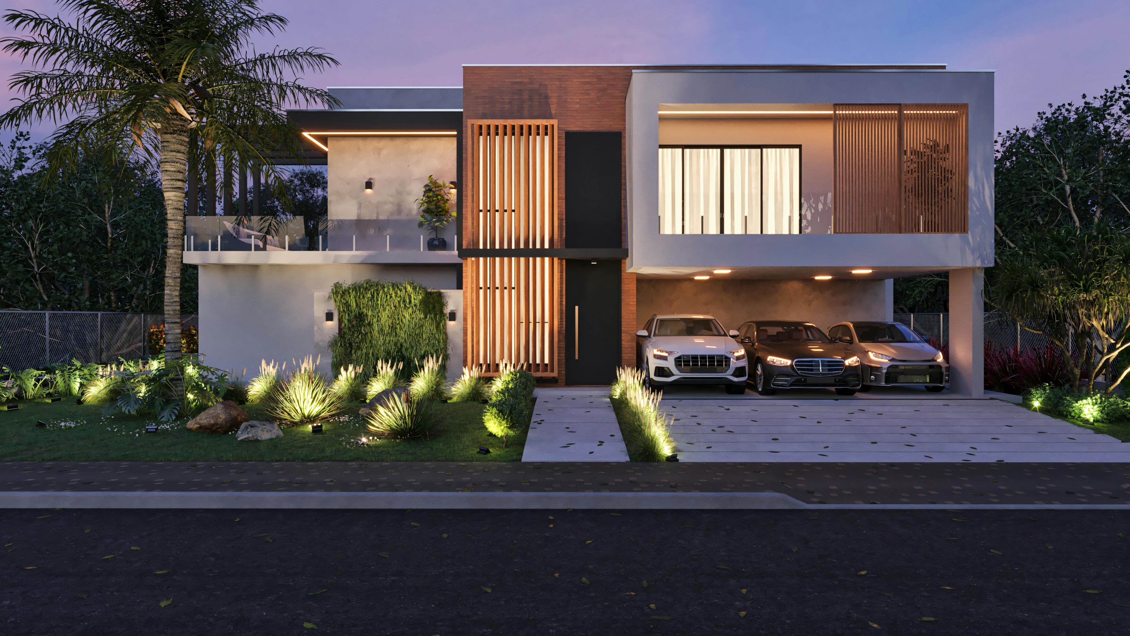 Modern facade with 3-car garage.