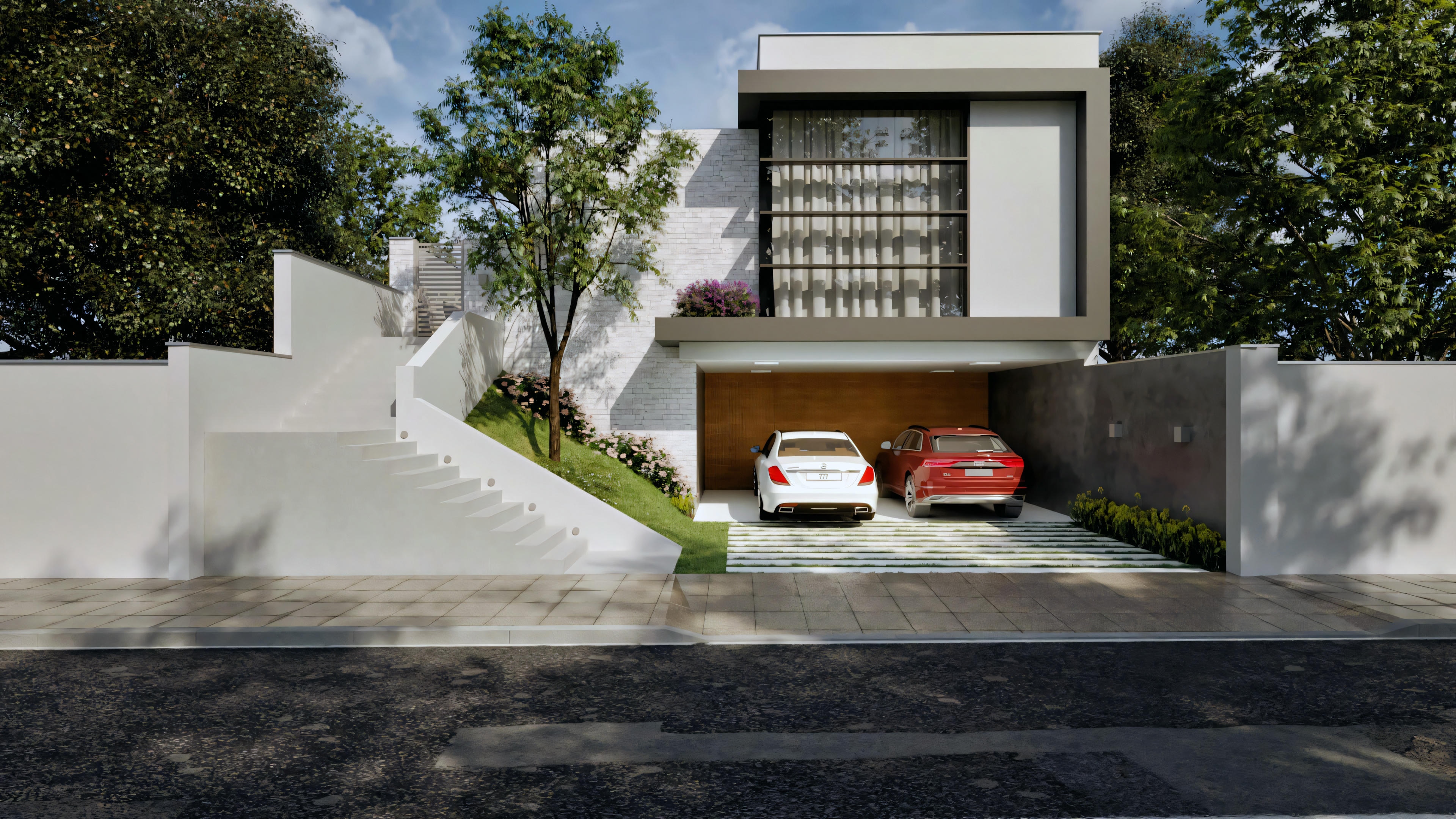 Exterior view of a modern house with concrete stairs leading to the entrance and a garage door to the side.
