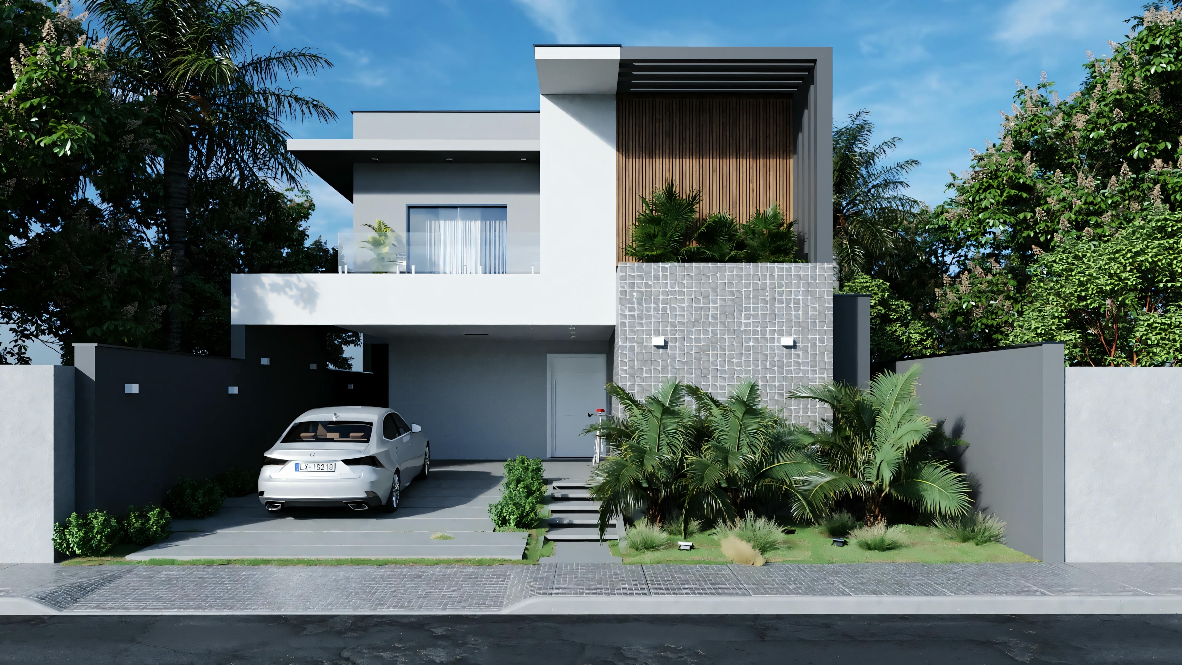 Facade of a modern house during the day, with a flat roof, large windows, and surrounding vegetation.