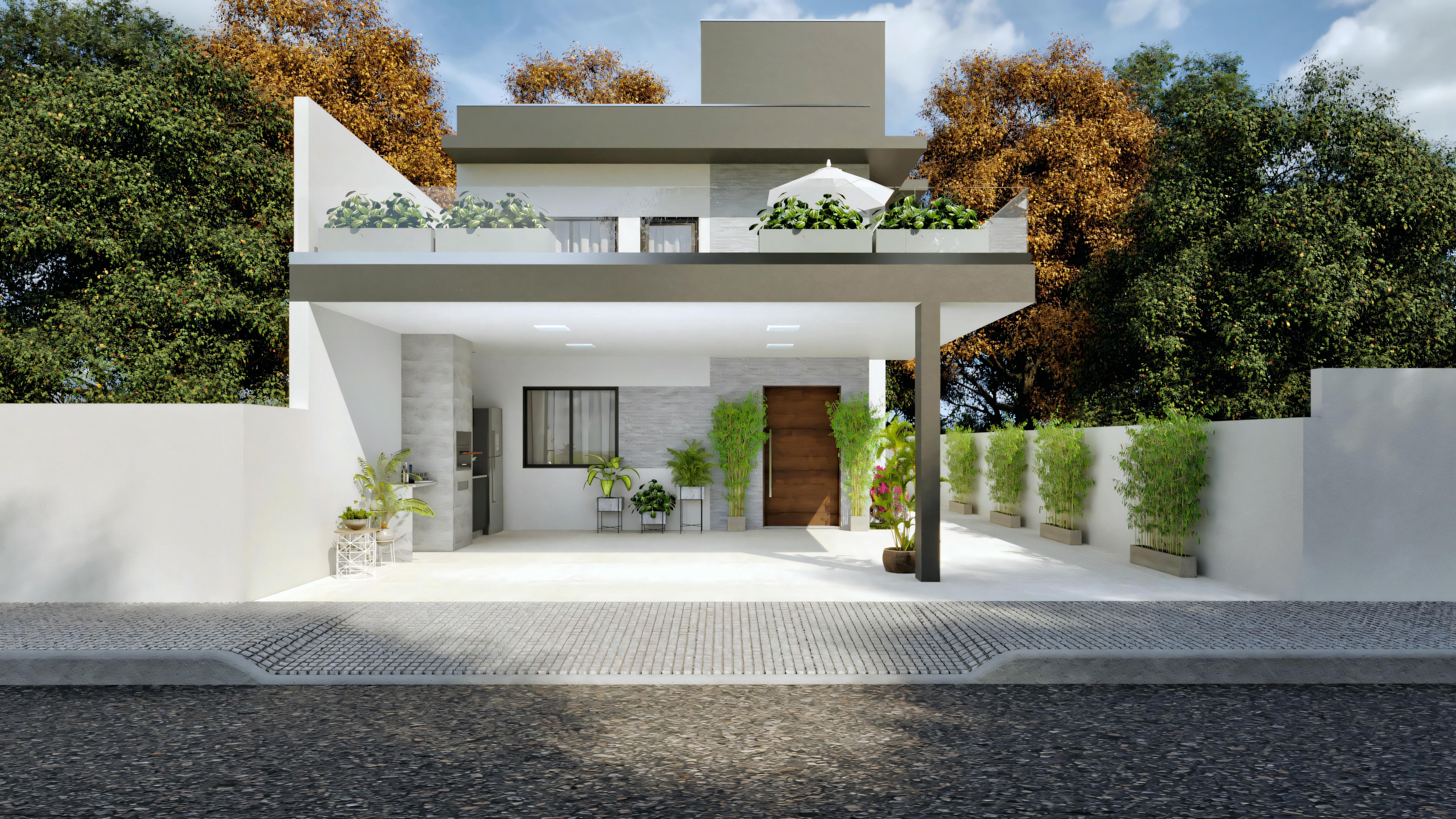 Facade of a modern two-story house with glass balconies and a flat roof.