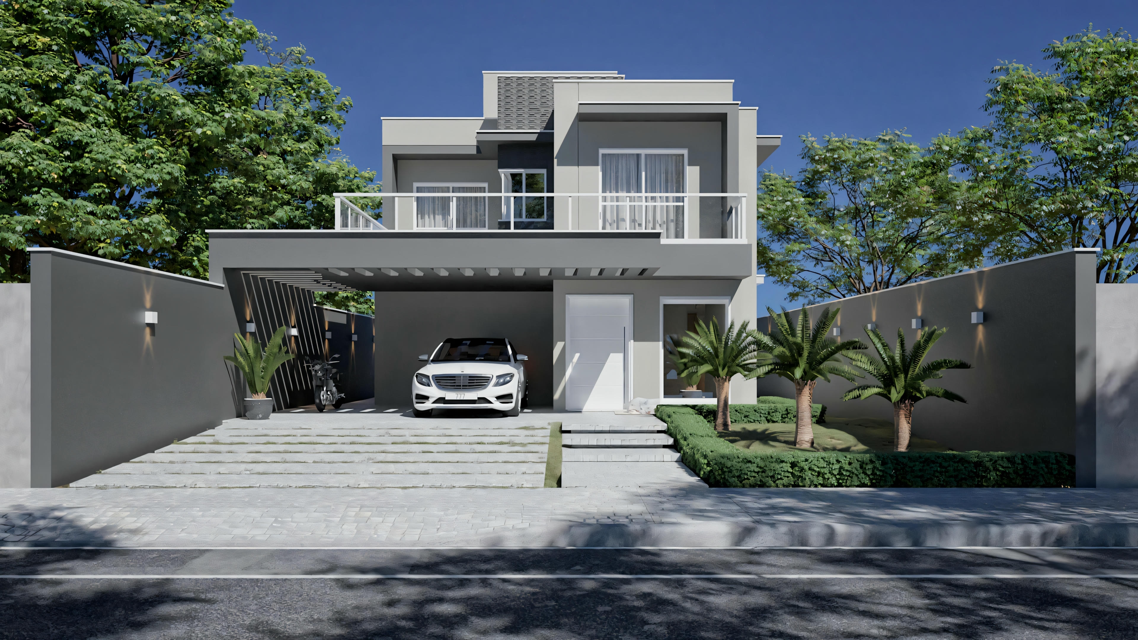 Facade of a modern house with lush vegetation.
