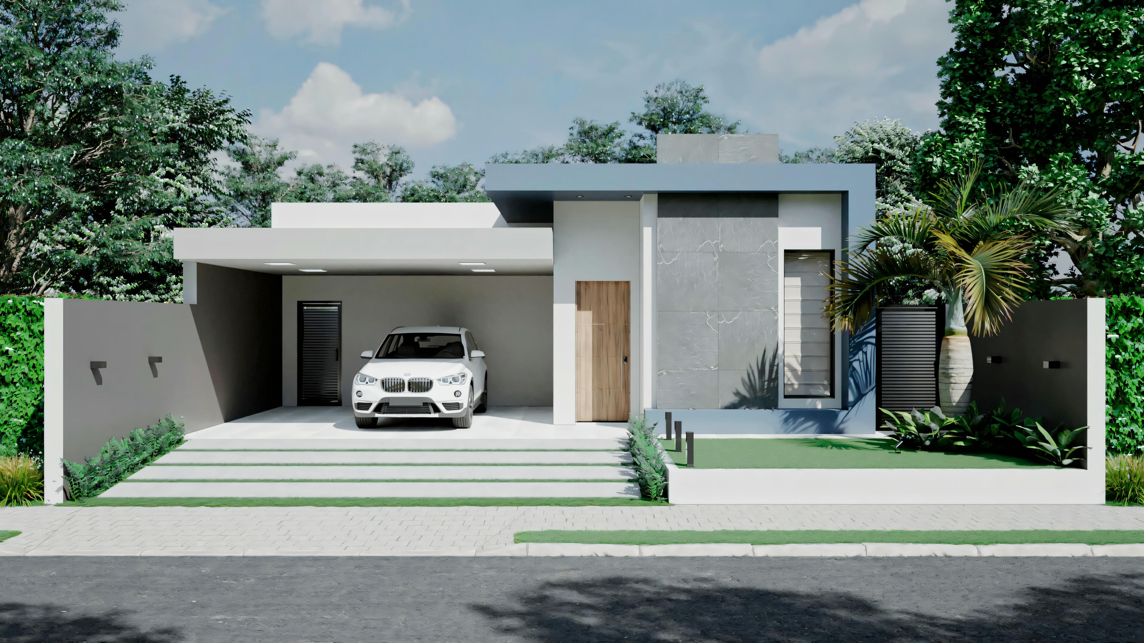 Facade of a modern house with a car parked in the driveway.