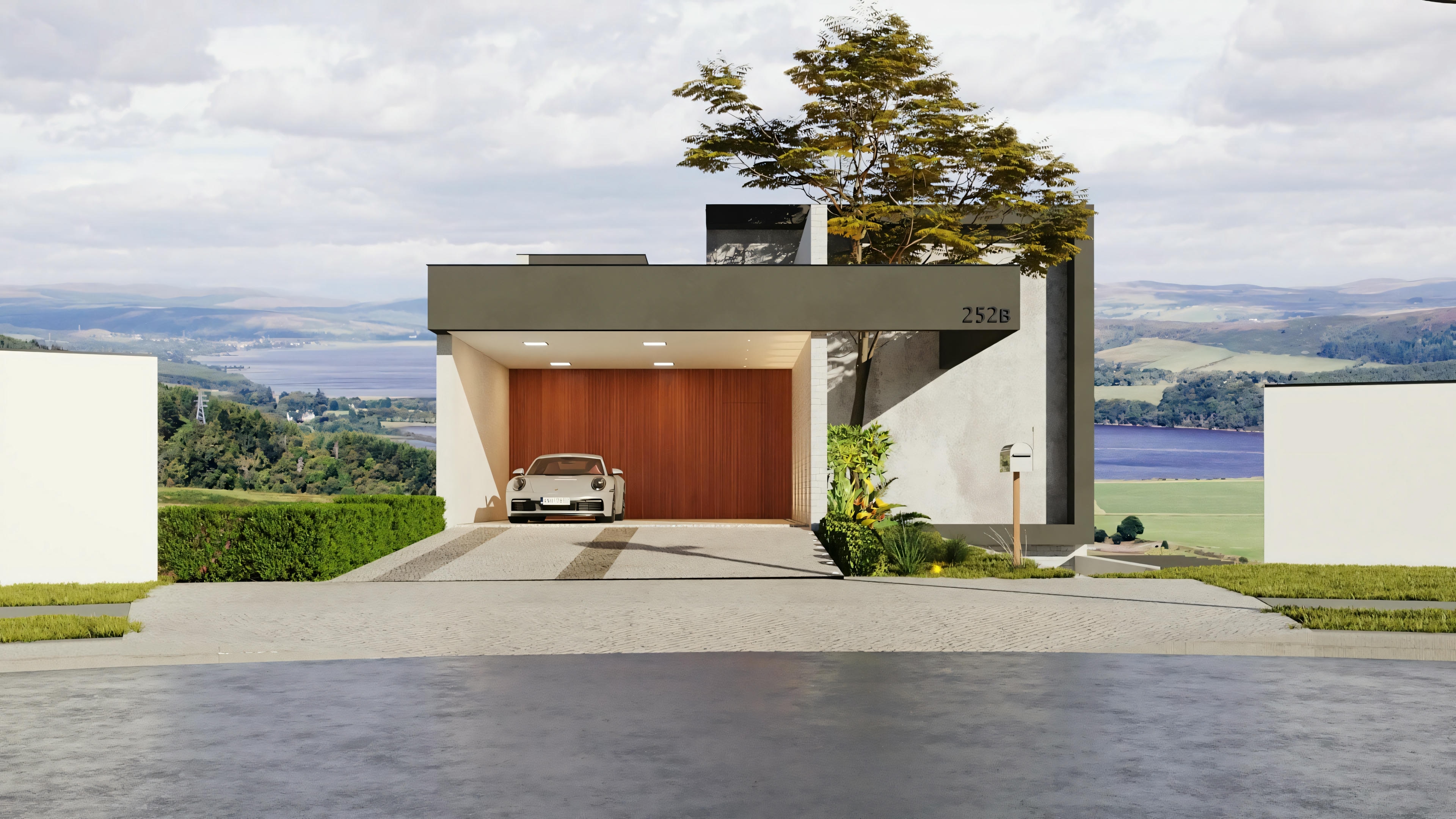 A modern house with a flat roof, large windows, and an exposed upper level that projects over the entrance.