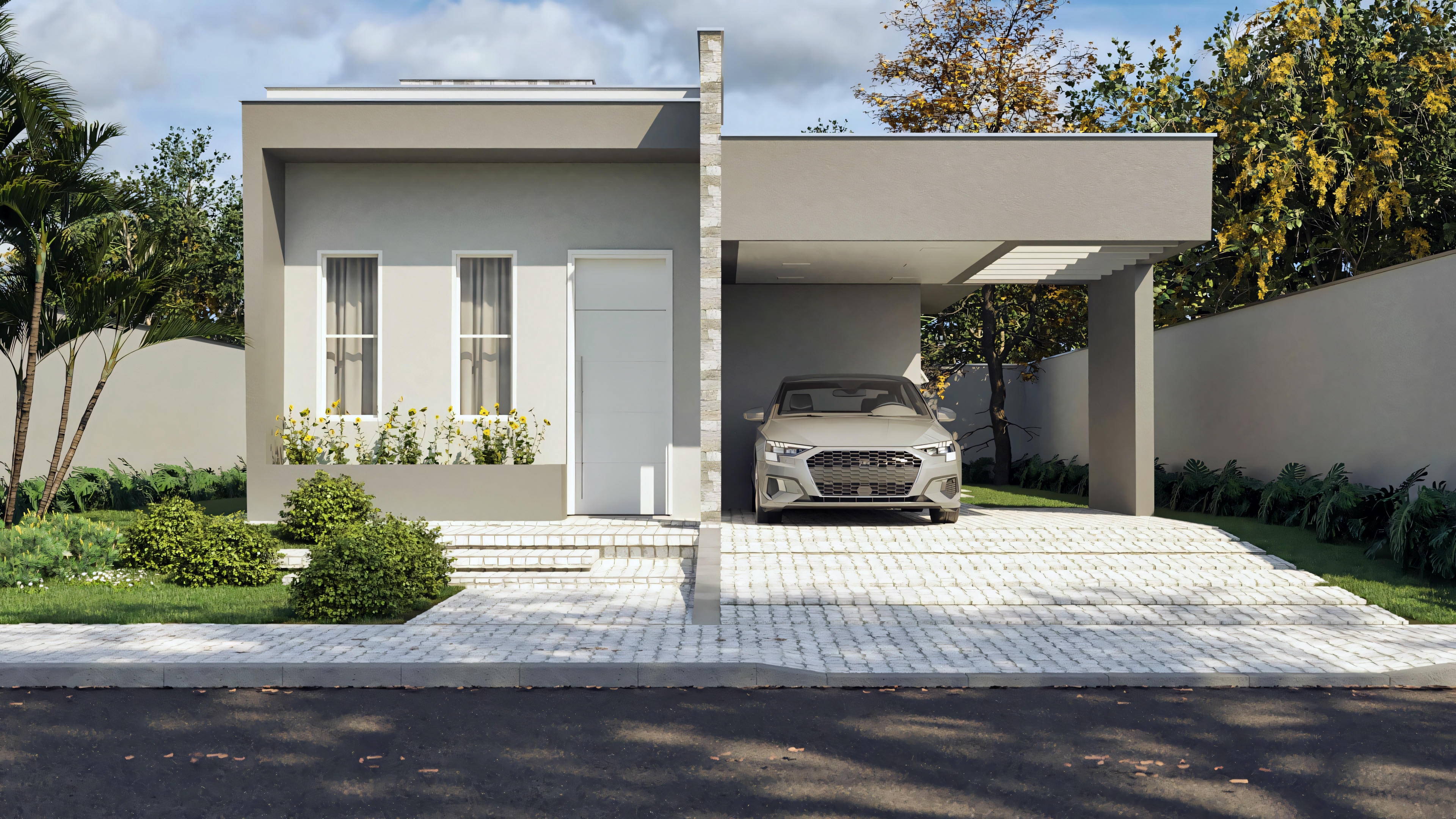 Exterior view of a modern house with a flat roof, large windows, and a car parked in the driveway.
