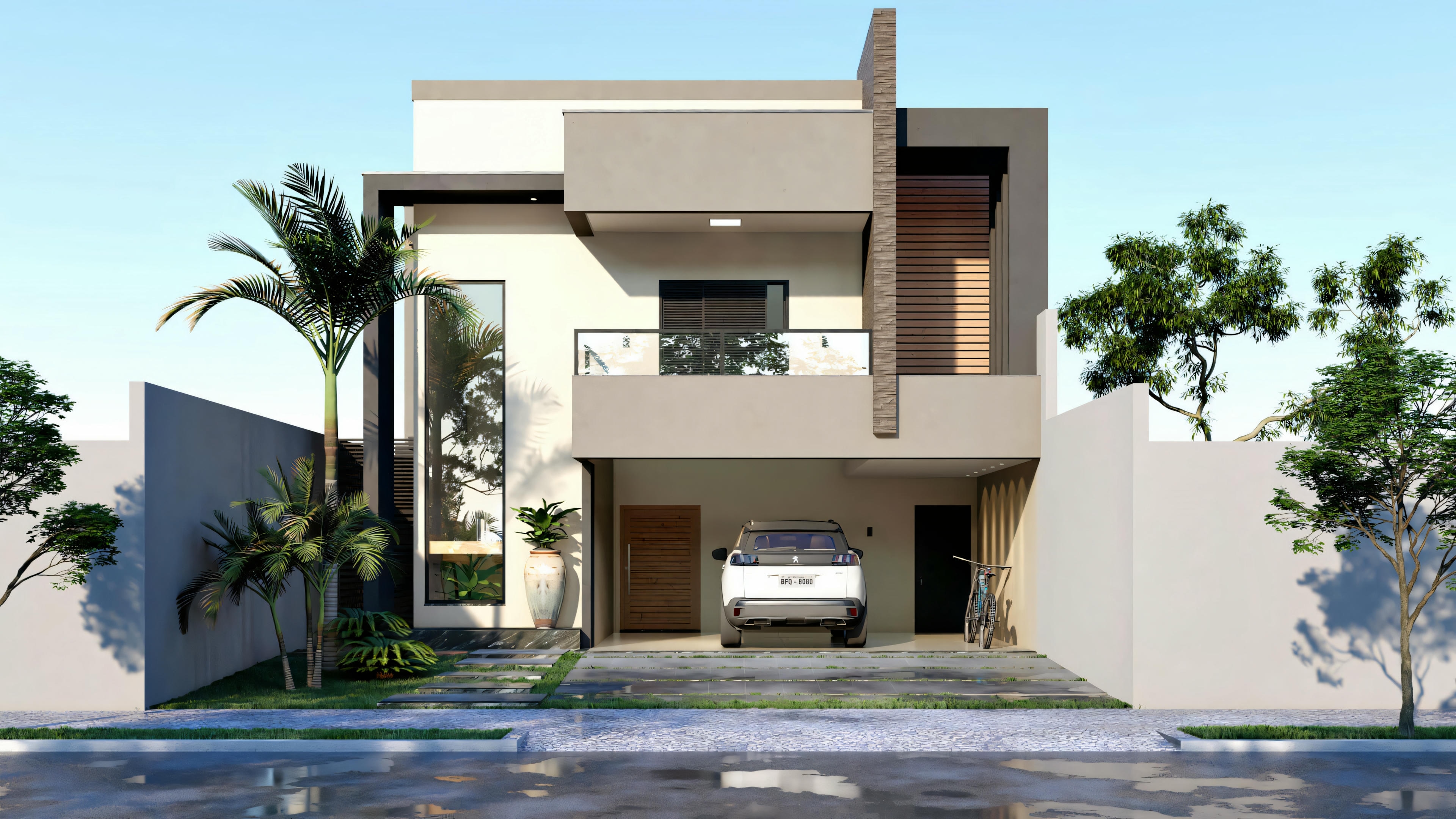 Digital rendering of a modern two-story house in the late afternoon.