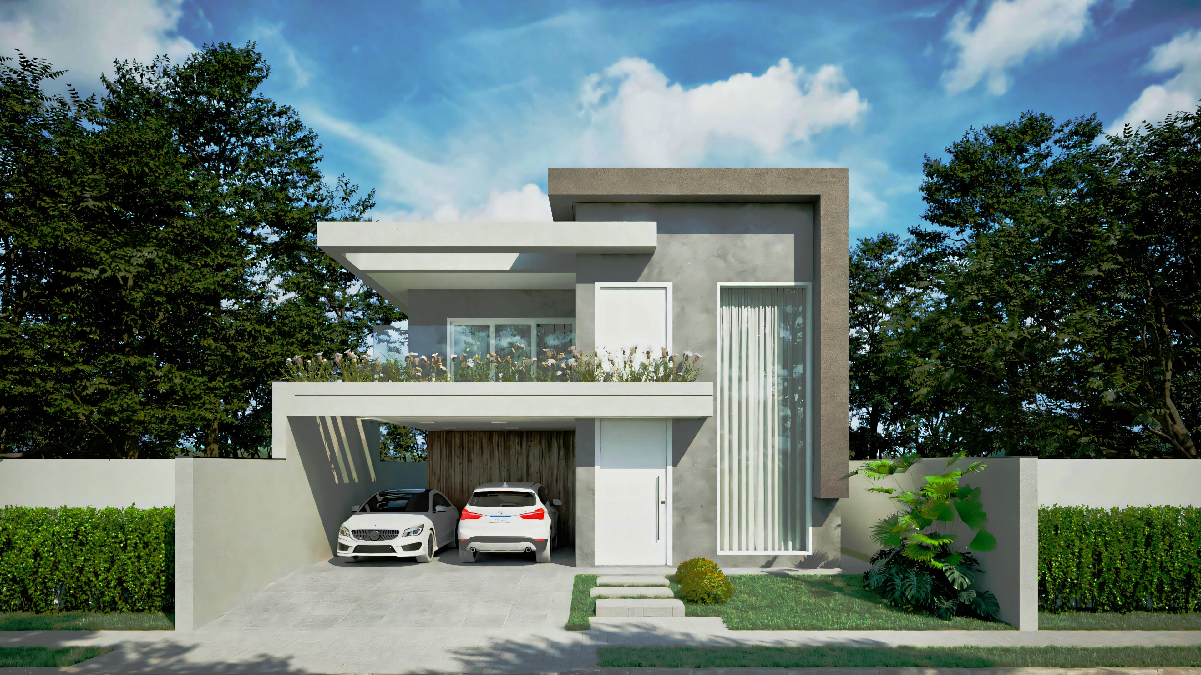 Facade of a modern house project with 3 suites and a pool, featuring contemporary architecture with a parapet, gray and white finishes, covered garage for 2 cars, and landscaping. ArchShop residential project with 250.56sqm on a 12x25 lot, including gourmet area and office.