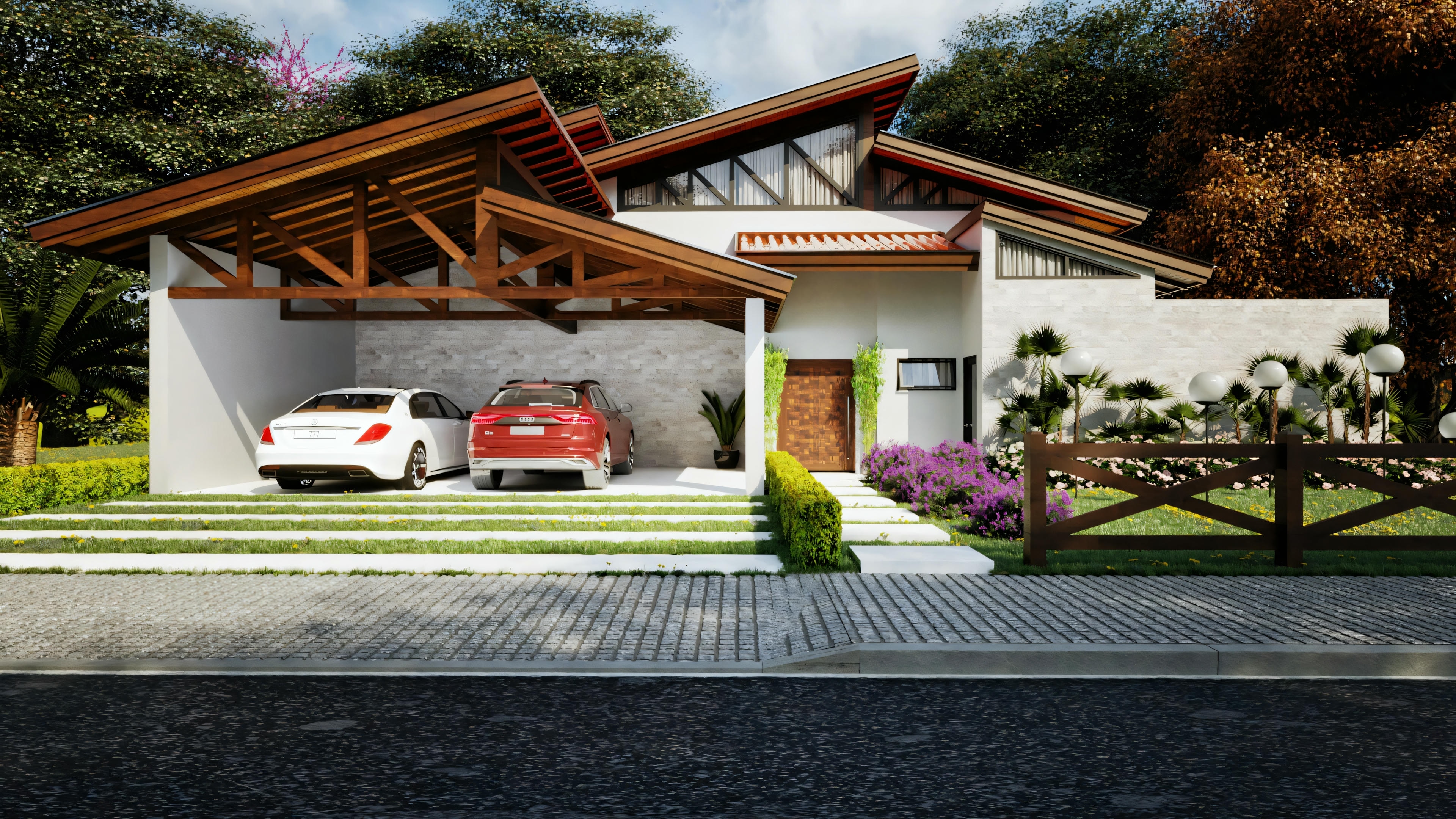 Modern house with sloping roof, large windows, and two cars parked in front, one white and one red. The garden is well-kept with hedges and trees.